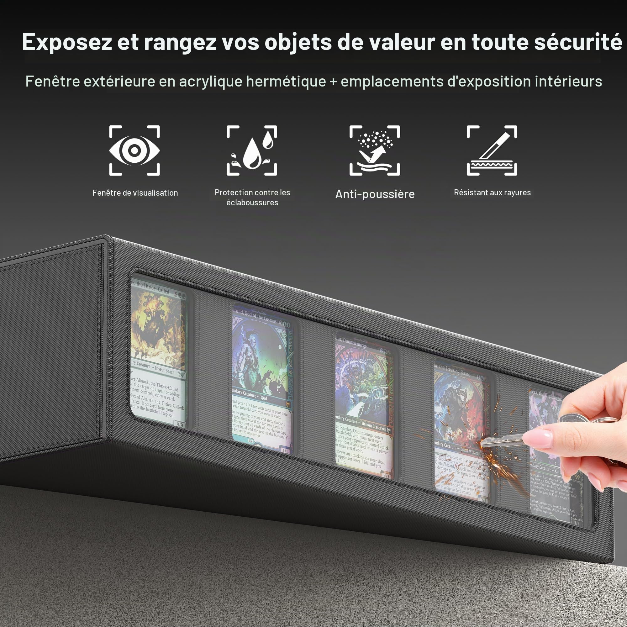 Boîte rangement cartes TCG poignée fermeture mécanique, 5 rangées 3900+ cartes, fenêtre scellée, 48 séparateurs, organiseur Top Loader MTG cartes sportives (Noir, 5 Rangées)