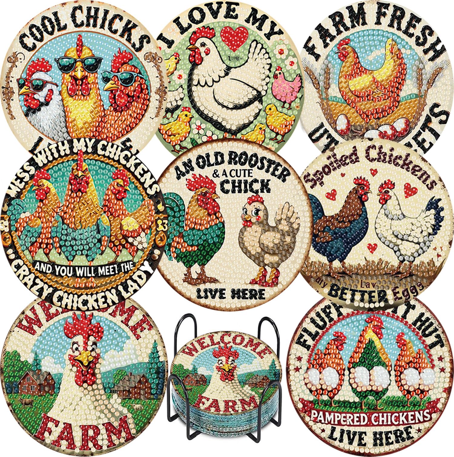 Jakener Bdal0017-Uk 8 Pcs Chicken Diamond Art Painting Coasters Kits,Coaster With Holder For Adults, Non-Slip Diy Dot Paint Craft Kits,5D Full Drill Diy Diamond Dot Gem Art Kit Home Decor Arts Craft
