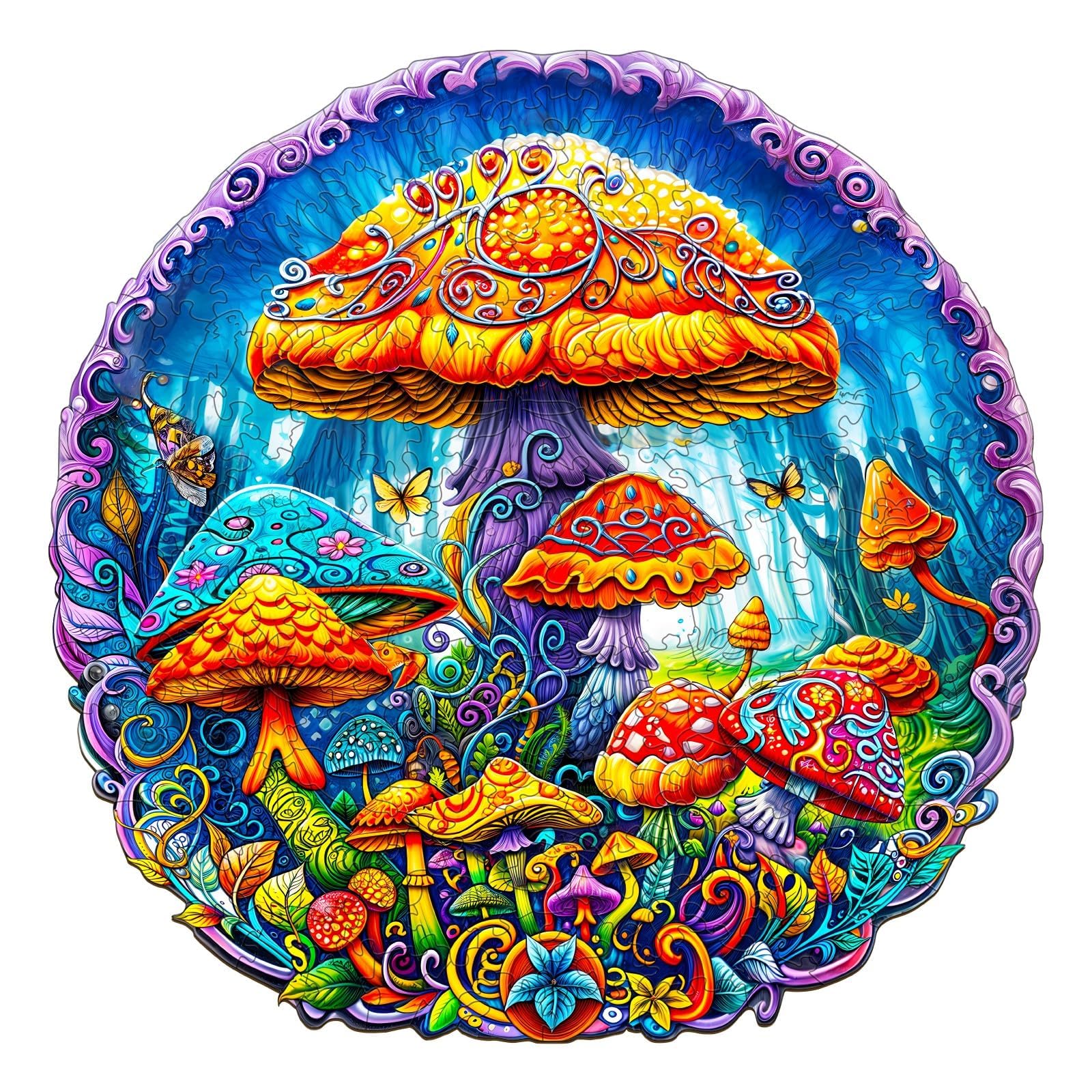 Jigfoxy Wooden Puzzles for Adults, Magical Mushrooms Wood Puzzles Adult, Unique Animal Shape Wooden Jigsaw Puzzles for Adu...