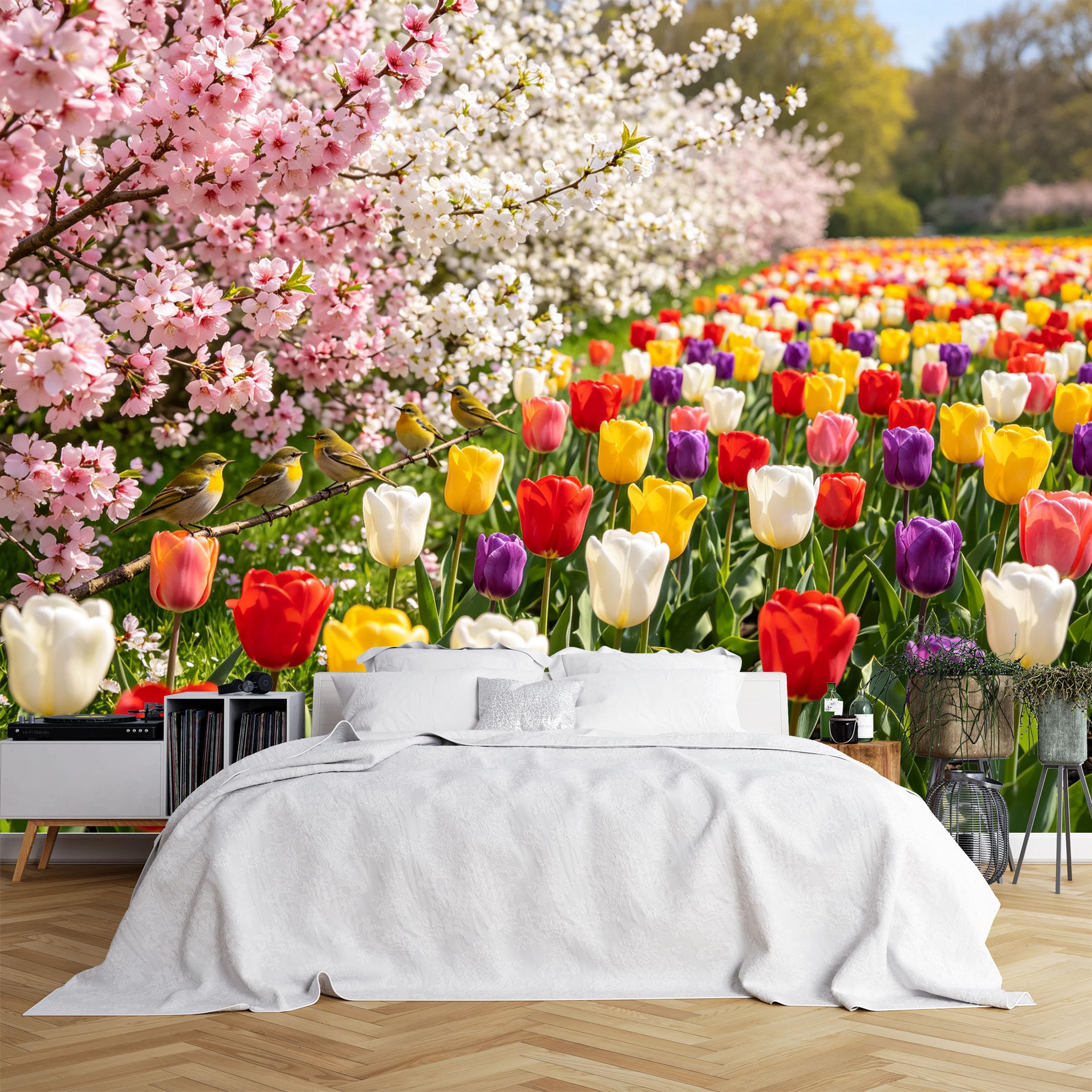 Lcythiazole Ch260615131 Custom Size Wall Murals Cherry Blossom Tulip Field Little Birds Garden Wall Murals Vivid Floral Wallpaper Large Photo Wallpaper Self-Adhesive Removable Wallpaper