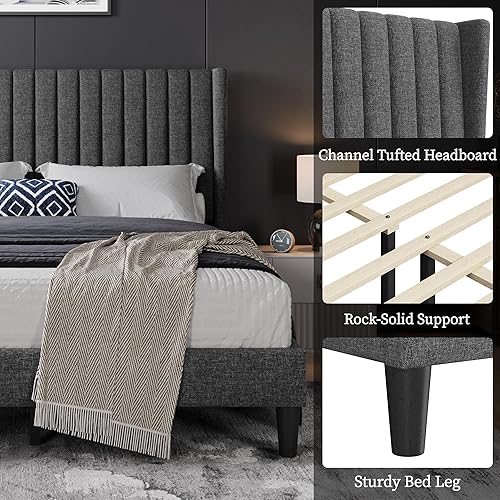 Miniatura 75 de Yaheetech - Base de cama matrimonial, plataforma tapizada con cabecera de borde ala, base de colchón de tela capitoné cuadrada, soporte de listones