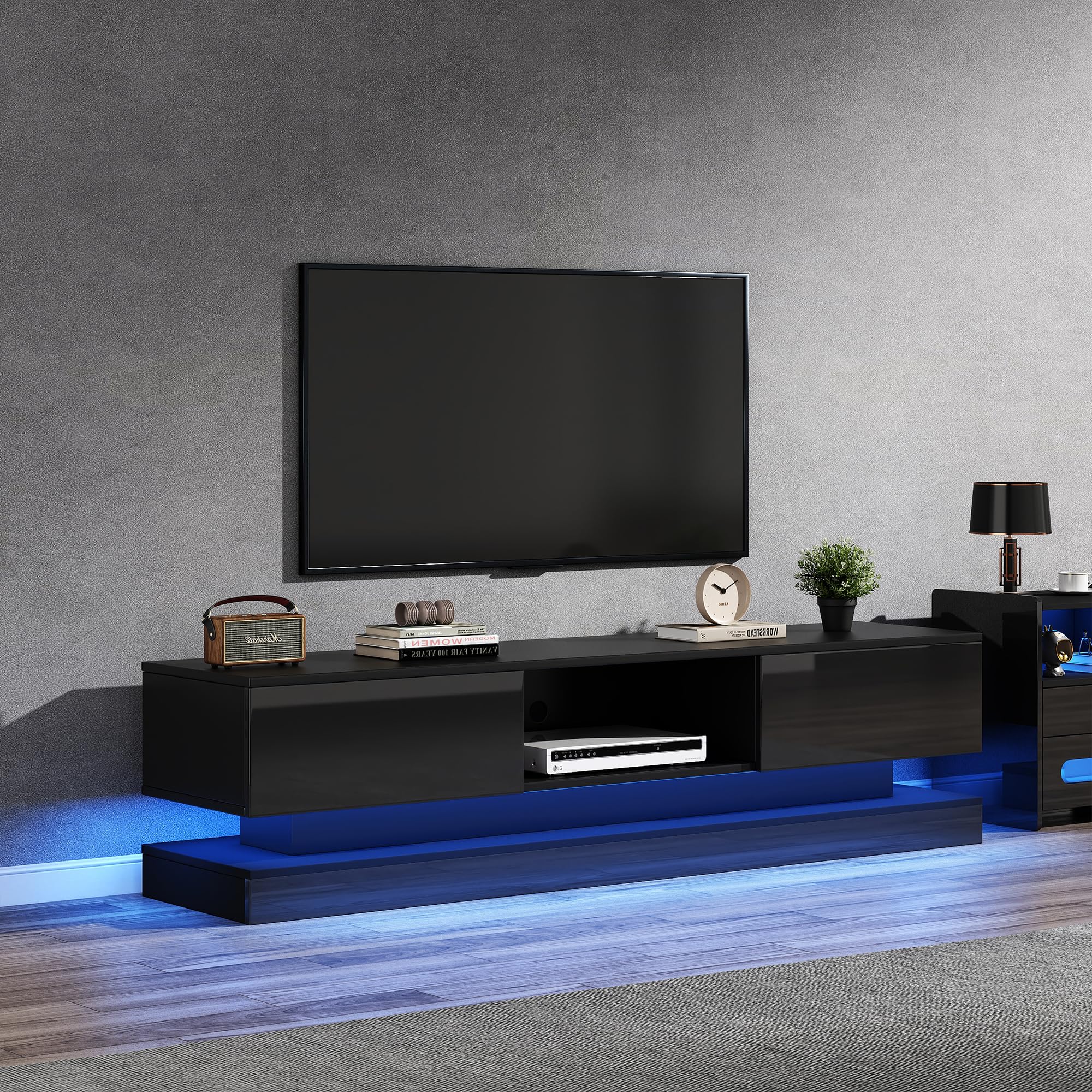Mobile TV lucido con illuminazione a LED porta TV 2 cassetti controllo app design antiribaltamento credenza bassa per TV fino a 60 pollici mobile TV per soggiorno pannello TV nero 160 cm