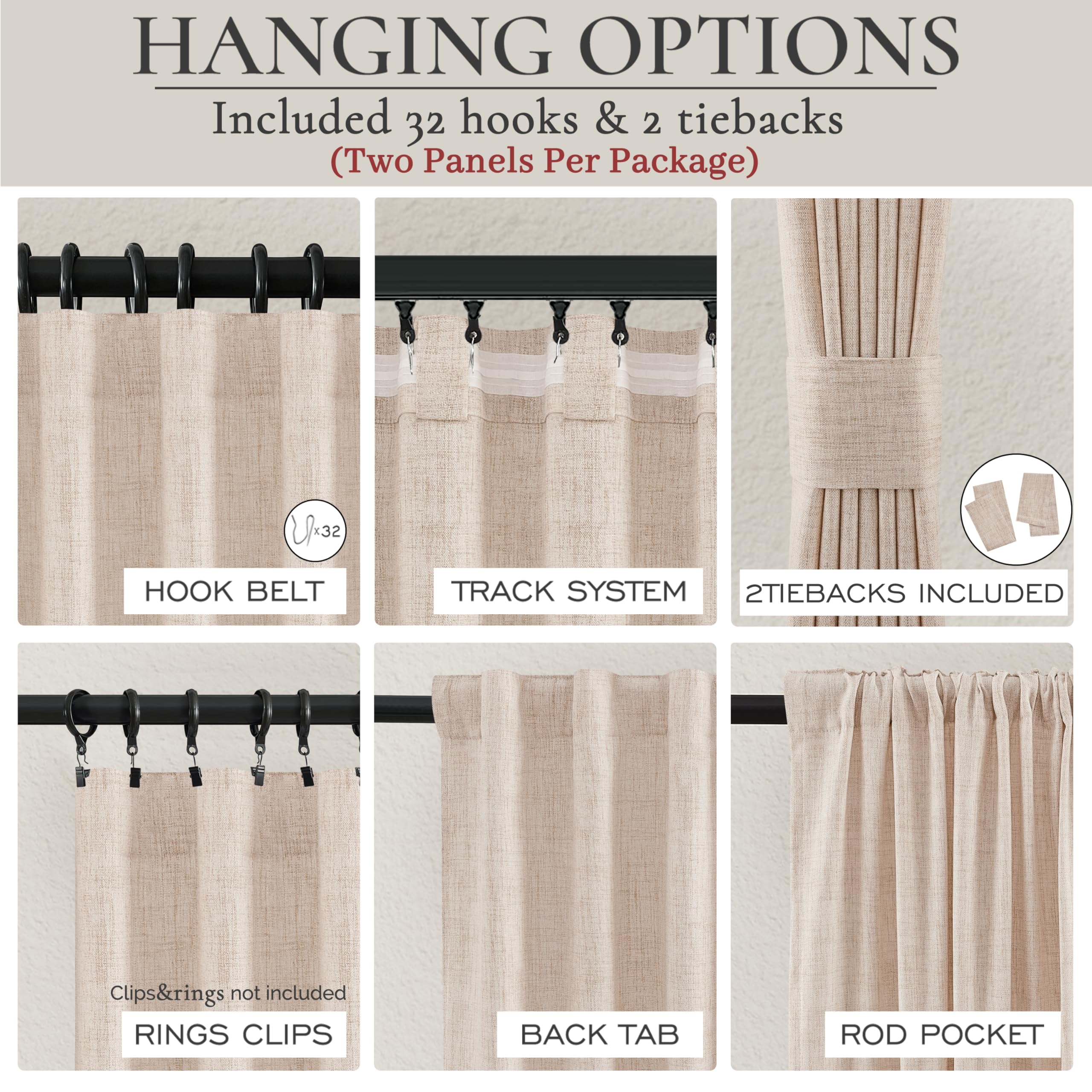 Lot de 2 Panneaux de Rideaux en Toile de Jute épaisse de 228,6 cm de Long pour Salon, Voilage plissé en Lin Naturel de Style bohème Rustique et Beige pour Chambre à Coucher, Rideaux de fenêtre