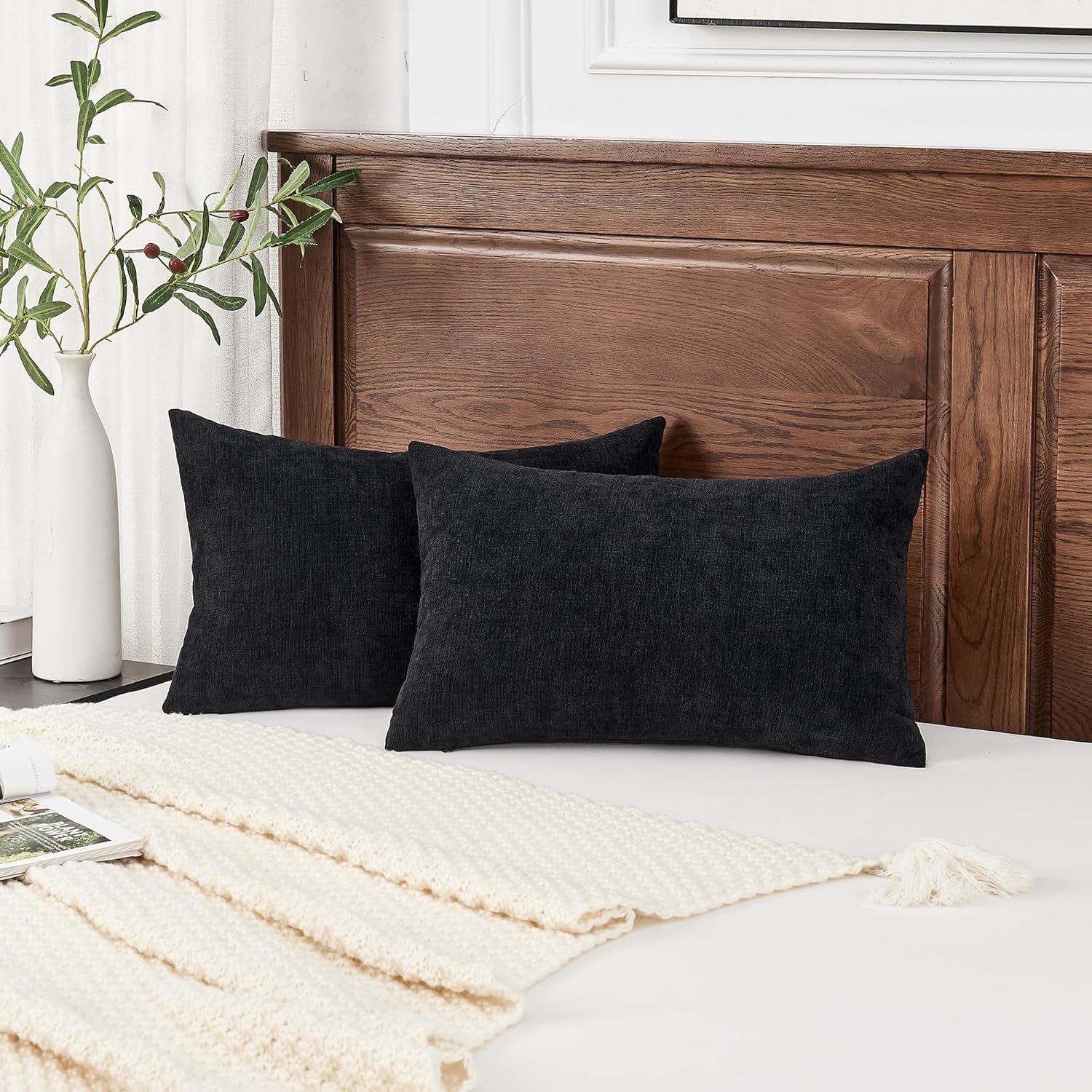 GAWAMAY Lumbar Pillow Cover Decorative Rectangle Throw Pillow Covers 12"x20" Inch Set of 2, Super Soft Chenille Pillowcase for Living Room Bedroom Sofa Couch Cushion Cover Black 30x50cm (No Insert) - Image 3