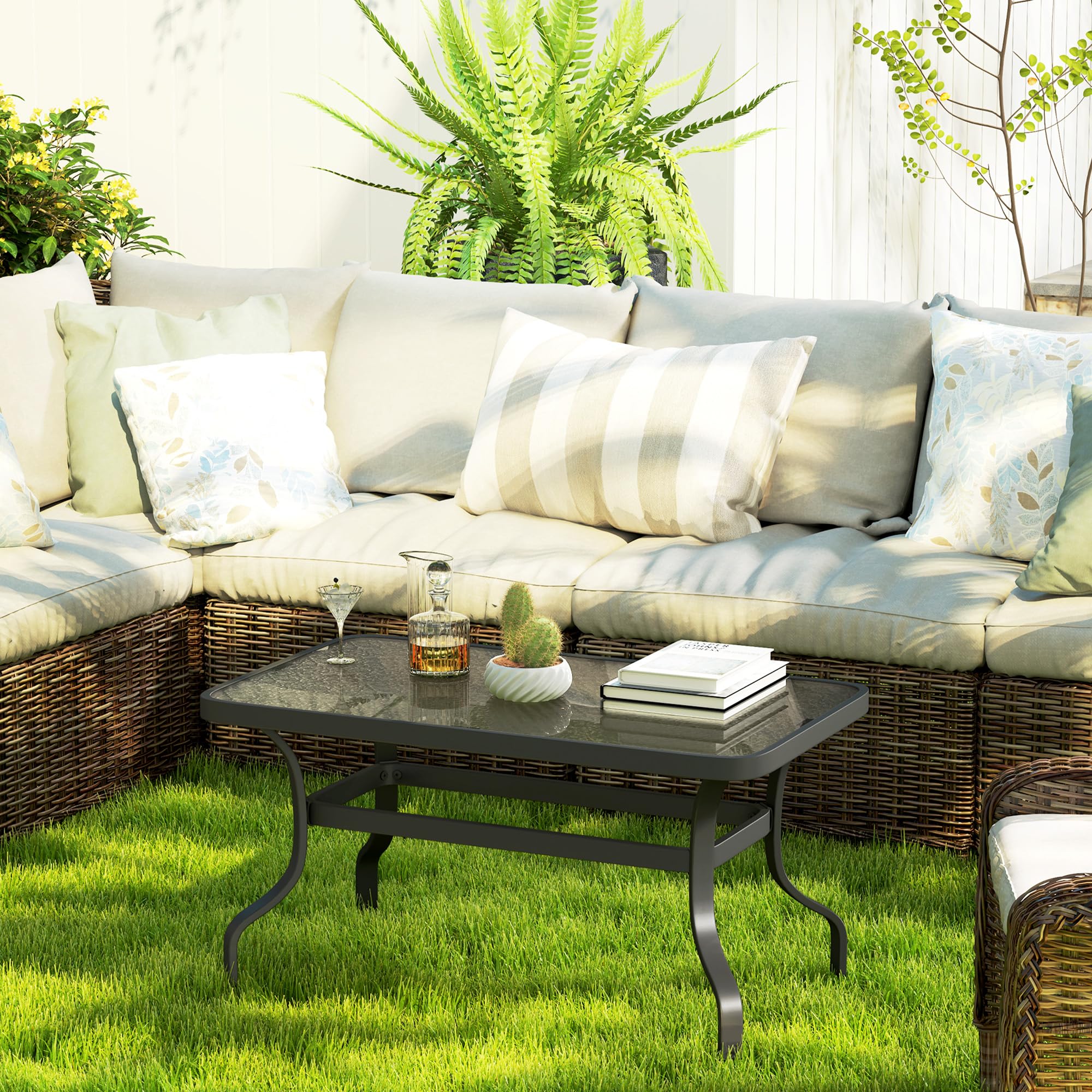Outsunny Table Basse de Jardin Rectangulaire Verre Trempé Ondulations 95x55x46 cm Noir