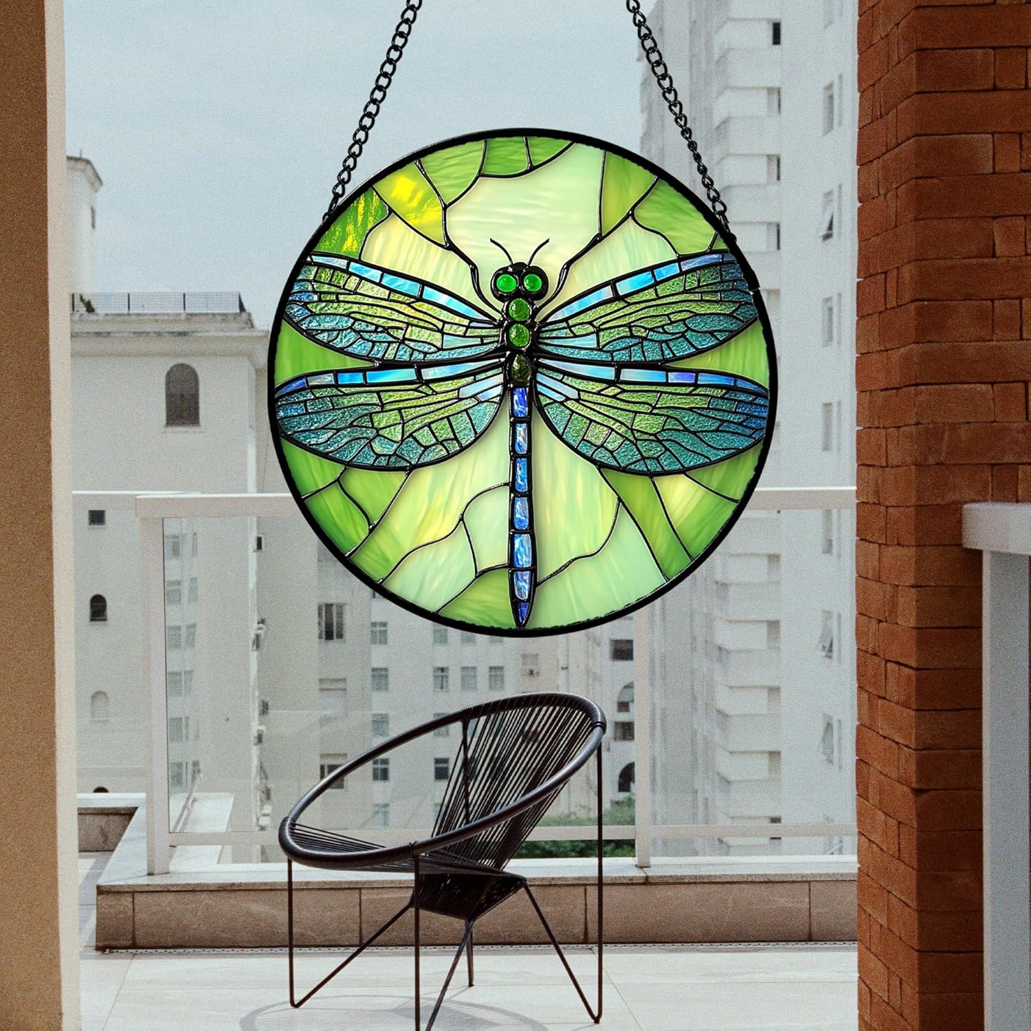 Stained Glass Window Hanging Blue Dragonfly Insect Large 15" - Green Suncatcher Door Garden Sun Catcher Home Decor Christmas Birthday for Mom Woman Nana Friend Girl Boy