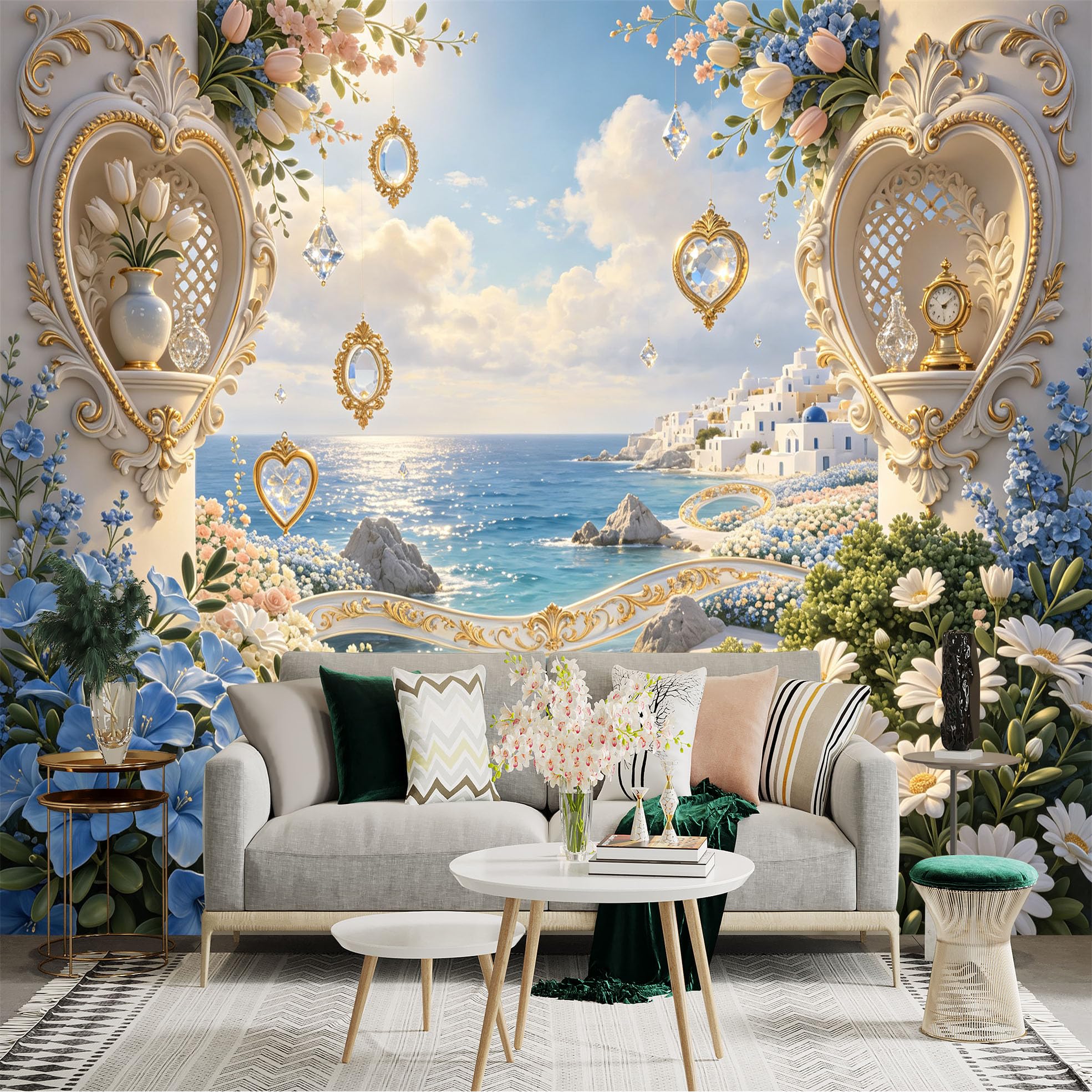 Lnzczhyre Bh260719023 Custom Size Wall Sticker Mural， Mediterranean Seaside View， Romantic Floral Arch， Elegant Gold Accents， Dreamy Coastal Landscape， For Wall Decoration， Peelandstick Wall Decals.