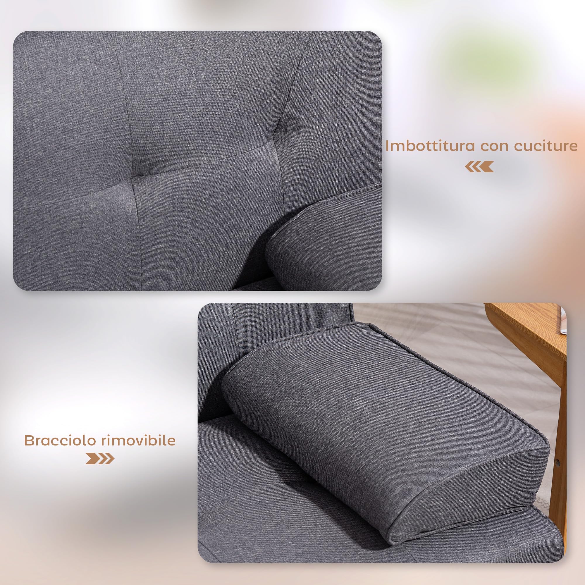 HOMCOM Divano Letto 3 Posti Reclinabile con 2 Braccioli Staccabili, Divano 3 Posti Imbottito Trasformabile in Tessuto e Legno con Portabicchiere per Soggiorno e Salotto, 181x77x78 cm, Grigio Scuro