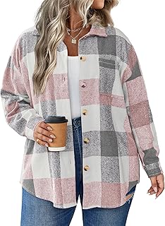 IN'VOLAND Women's Plus Size Plaid Shacket Long Sleeve Button Down Flanne...
