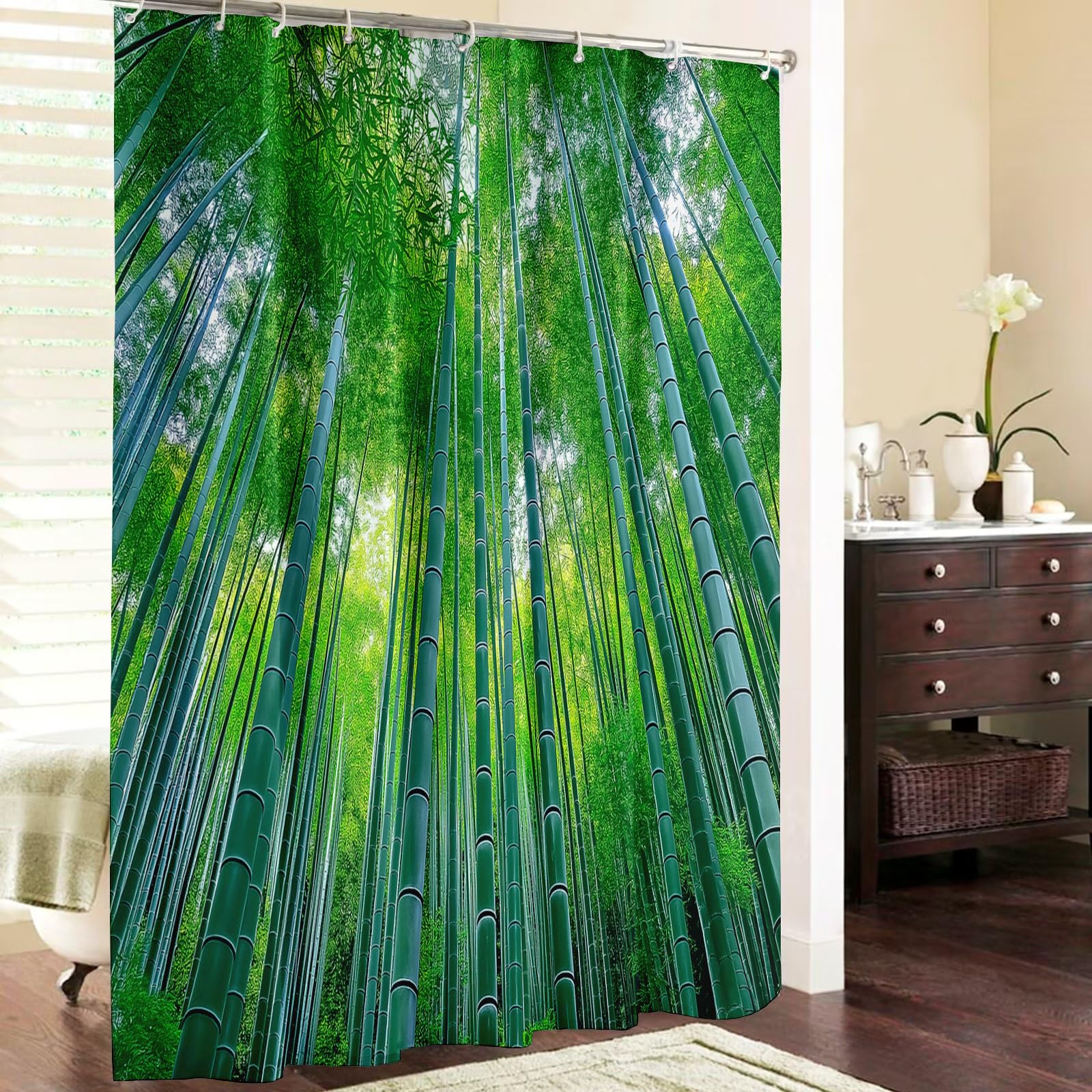 Cortina de Ducha con impresión Digital de Naturaleza Bosque De Bambú. Cortina de Baño con Hoja,240x200cm Impermeable Cortinas de Ducha con 12 Ganchos Tela de poliéster para baño