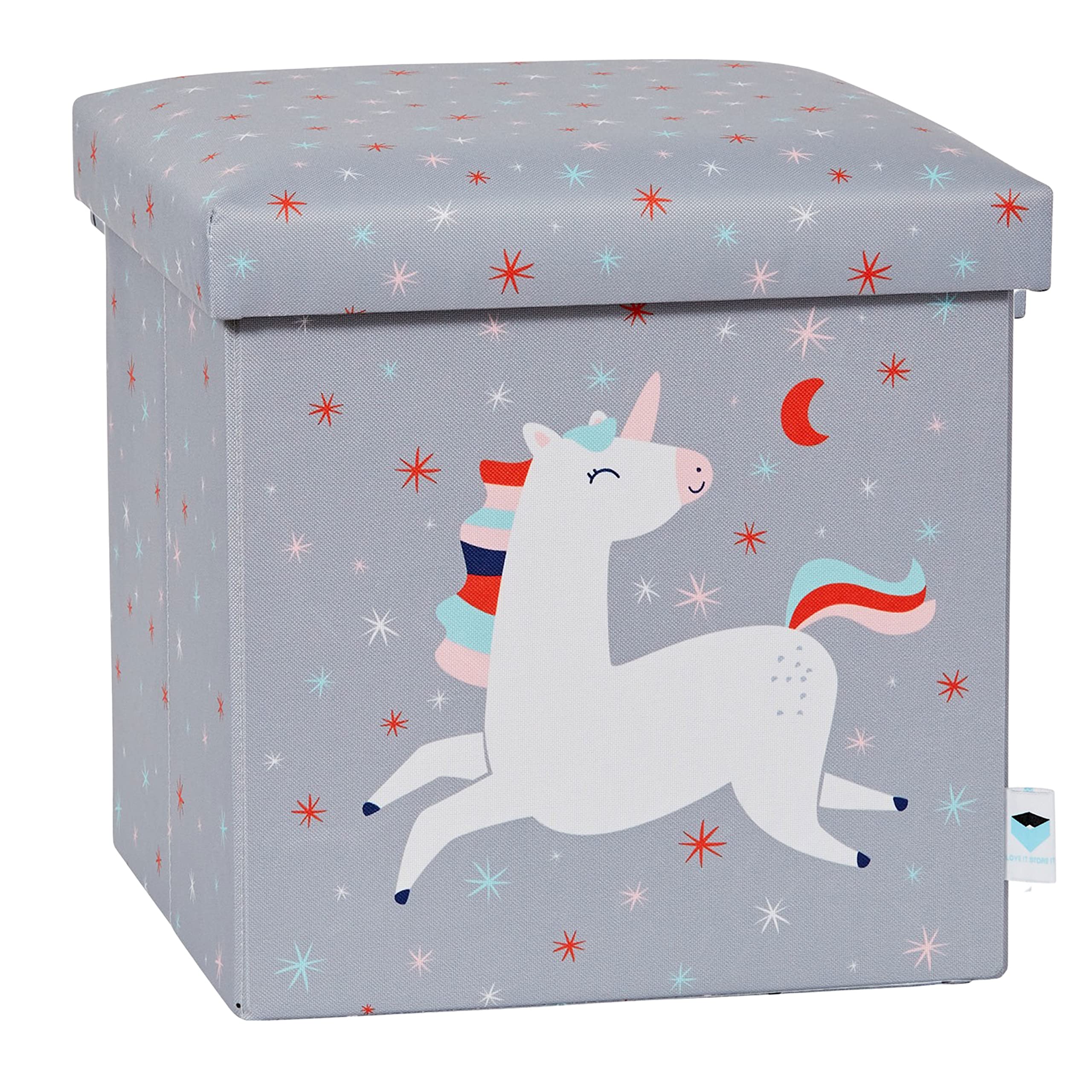 LOVE IT STORE IT - Pouf Contenitore Bambini Ultra Resistente Pieghevole Rinforzi Legno - 35x35x35cm - Fantasia Unicorno Grigio