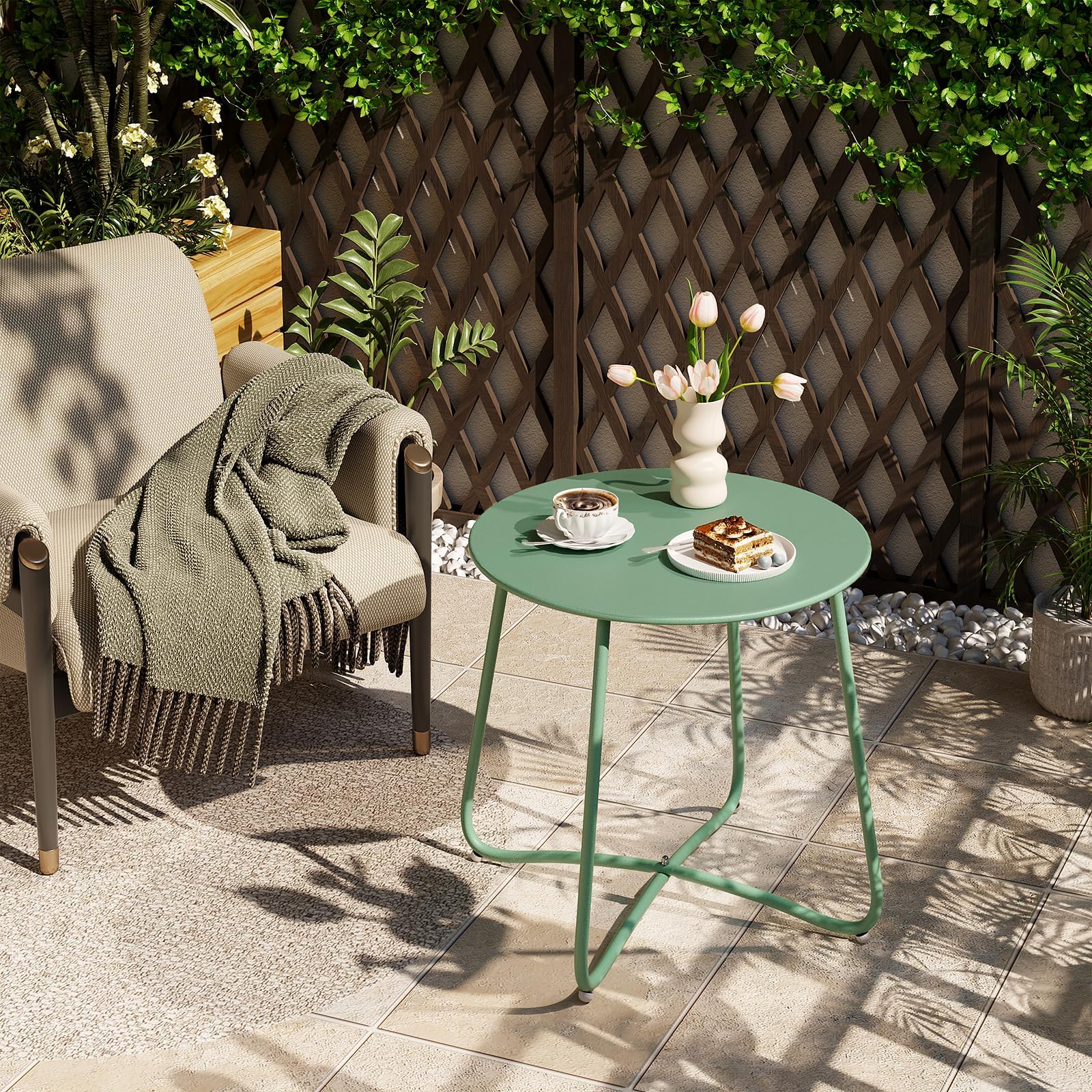 eSituro Tavolo da Giardino, Tavolino da Divano, Tavolino Salotto Rotondo, Tavolino da Balcone, per Interni ed Esterni, Terrazzo, Soggiorno, in Metallo,Verde, Ø48xH45 cm