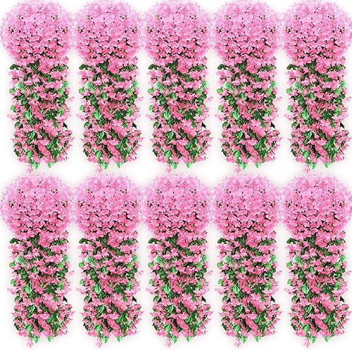 Yuxung Paquete de 10 flores colgantes artificiales, plantas colgantes falsas, hiedra violeta, plantas colgantes falsas para pared, hogar, patio,