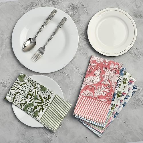 Miniatura 3 de CPC Servilletas de Tela 100% Algodón Juego de 4 Servilletas Reutilizables, Servilleta de Cena Floral Toile con Estampado de Bloques Indios, Regalo