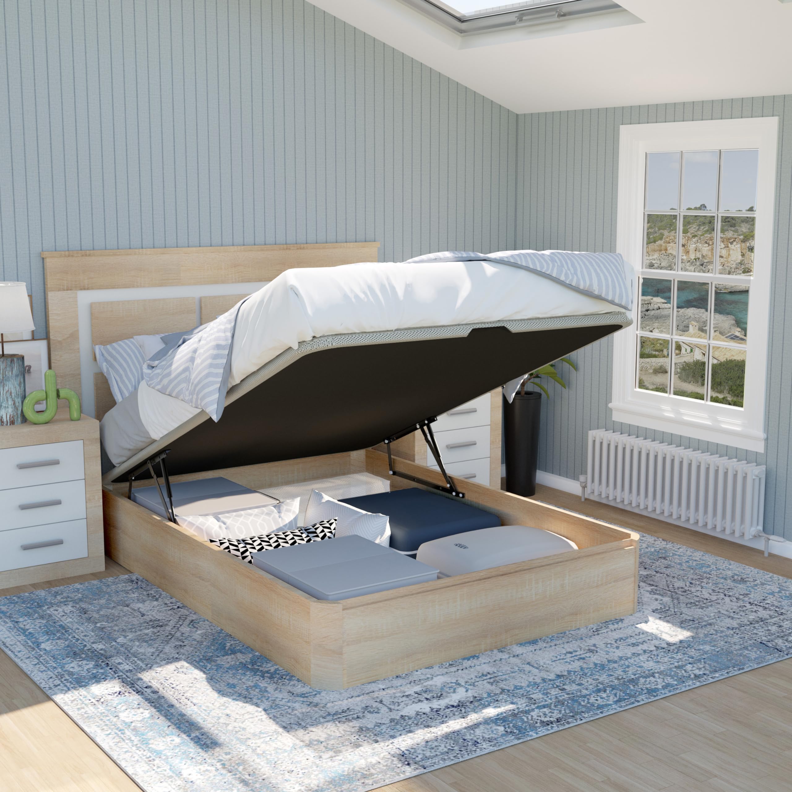 duehome | Luxury, Canapé Abatible con Almacenaje, Base Tapizada, Acabado en Roble, Medidas: 135 cm (Ancho) x 190 cm (Largo) x 31 cm (Alto)