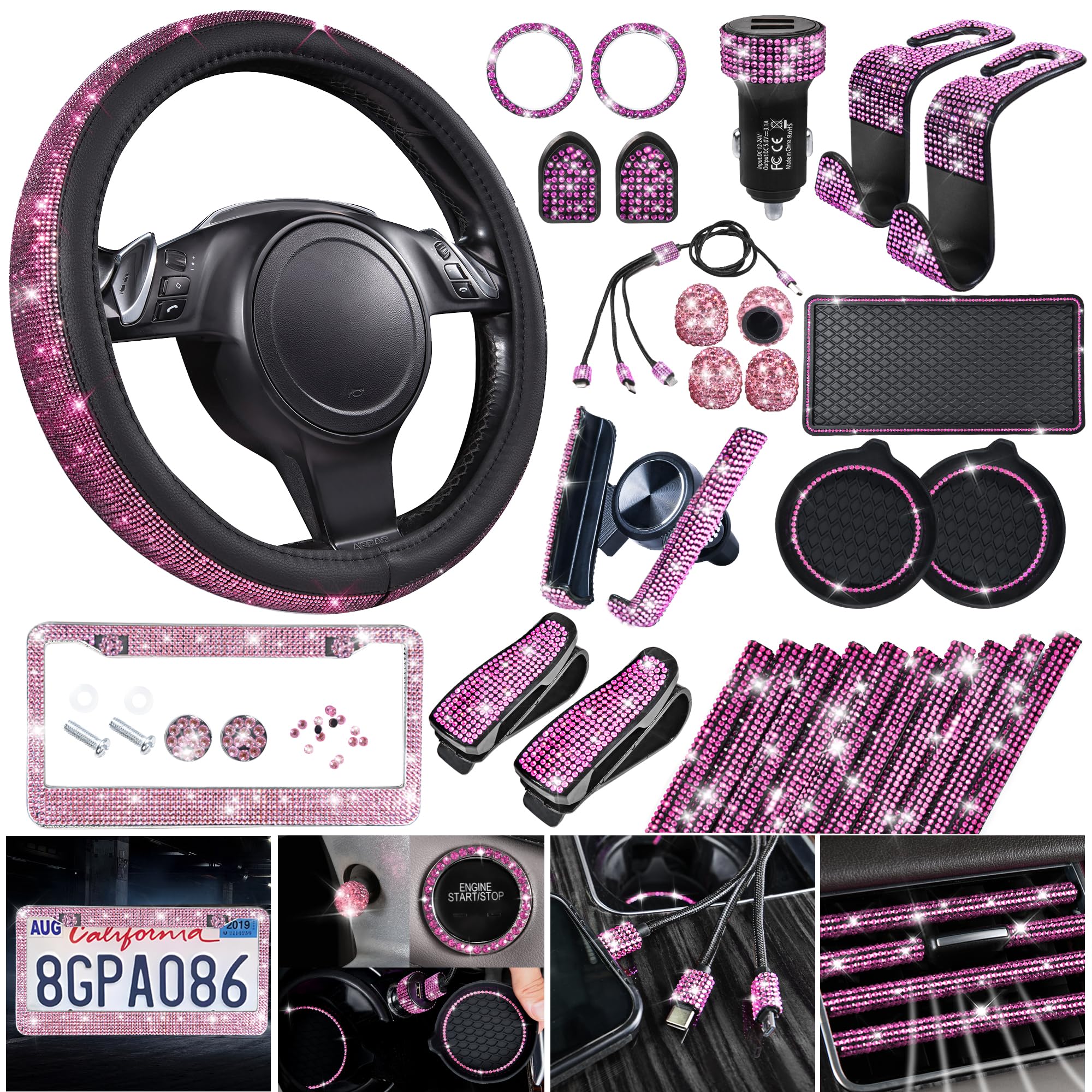CAR PASS 30 PCS Bling Pink Car Set for Women, Bling Steering Wheel Covers Set 15 Inch, Shining Rhinestone License Plate Frame, Sparkly Diamond Phone Holder, Cute Interior Set Decorations, Pink Diamond