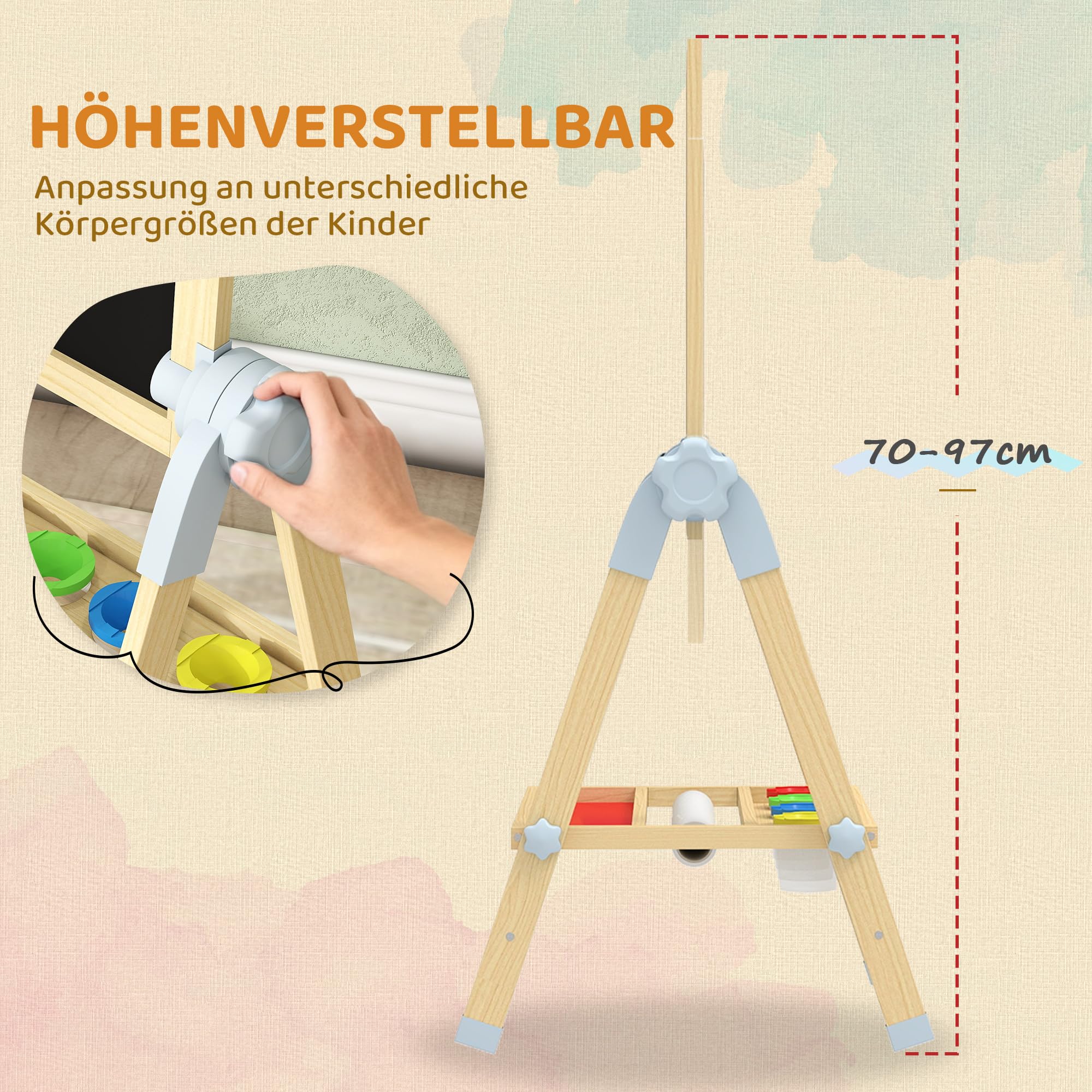 AIYAPLAY Kinder Staffelei aus Holz, Kindertafel Doppelseitige Whiteboard und Tafel Höhenverstellbar Magnetische Standtafel mit Papierrolle, Ablage, für Kinder Jungen & Mädchen 3-6 Jahre