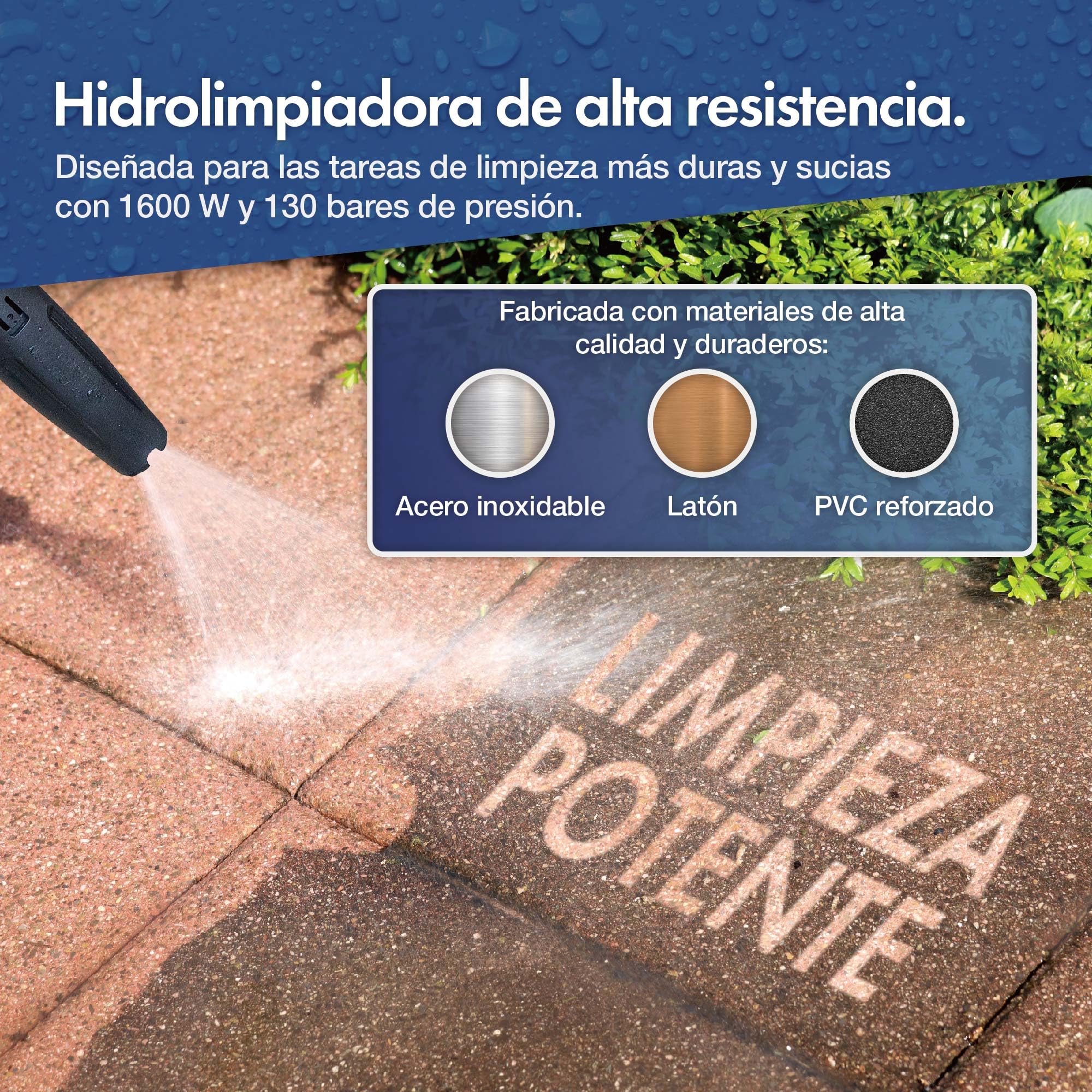 VonHaus Hidrolimpiadora 1600 W, Incluye un Juego de 7 Accesorios, Portátil | Hidrolavadora de Alta Presión máx. 130 Bar y Caudal de 390 l/h, Manguera de 5 m para Patios, Coches, Vallas y más