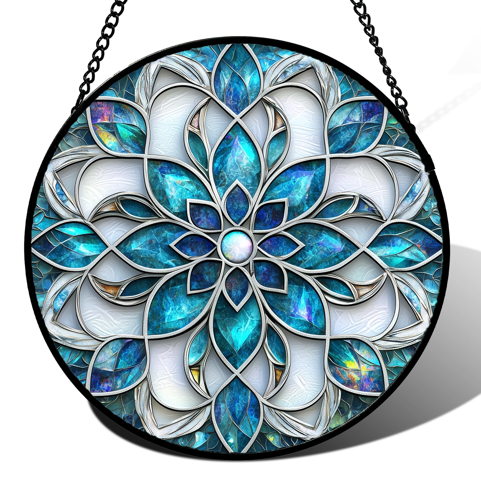 Stained Glass Window Hanging - Blue White Abstract Flowers Suncatcher for Door Terrace Garden Home Decor Boho Sun