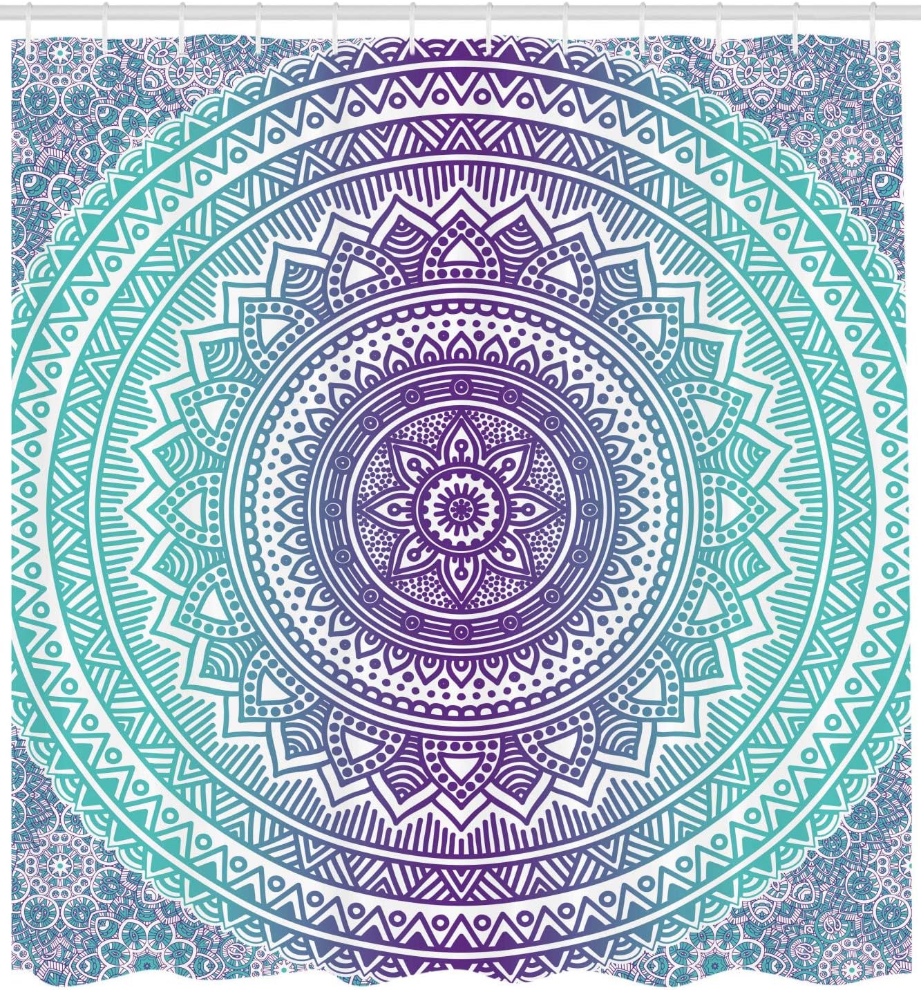 Ambesonne Blue and Purple Shower Curtain, Mandala Ombre Eastern Mystic Abstract Old Fashion Bohemian Native Cosmos Art, Cloth Fabric Bathroom Decor Set with Hooks, 69" W x 70" L, Purple