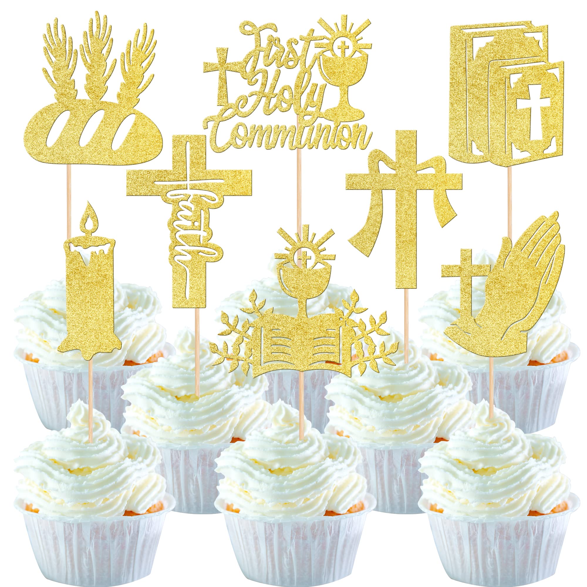 24 decorazioni per torte con croce e scritta in lingua inglese Primo sacra comunione per la prima comunione battesimo religione tema compleanno party cupcake Picks Supplies Gold