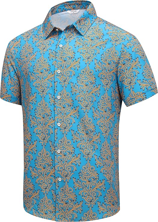 SheLucki Hawaiian Shirt for Men, Unisex Summer Beach Casual Short Sleeve Button Down Shirts, Printed Palmshadow Clothing