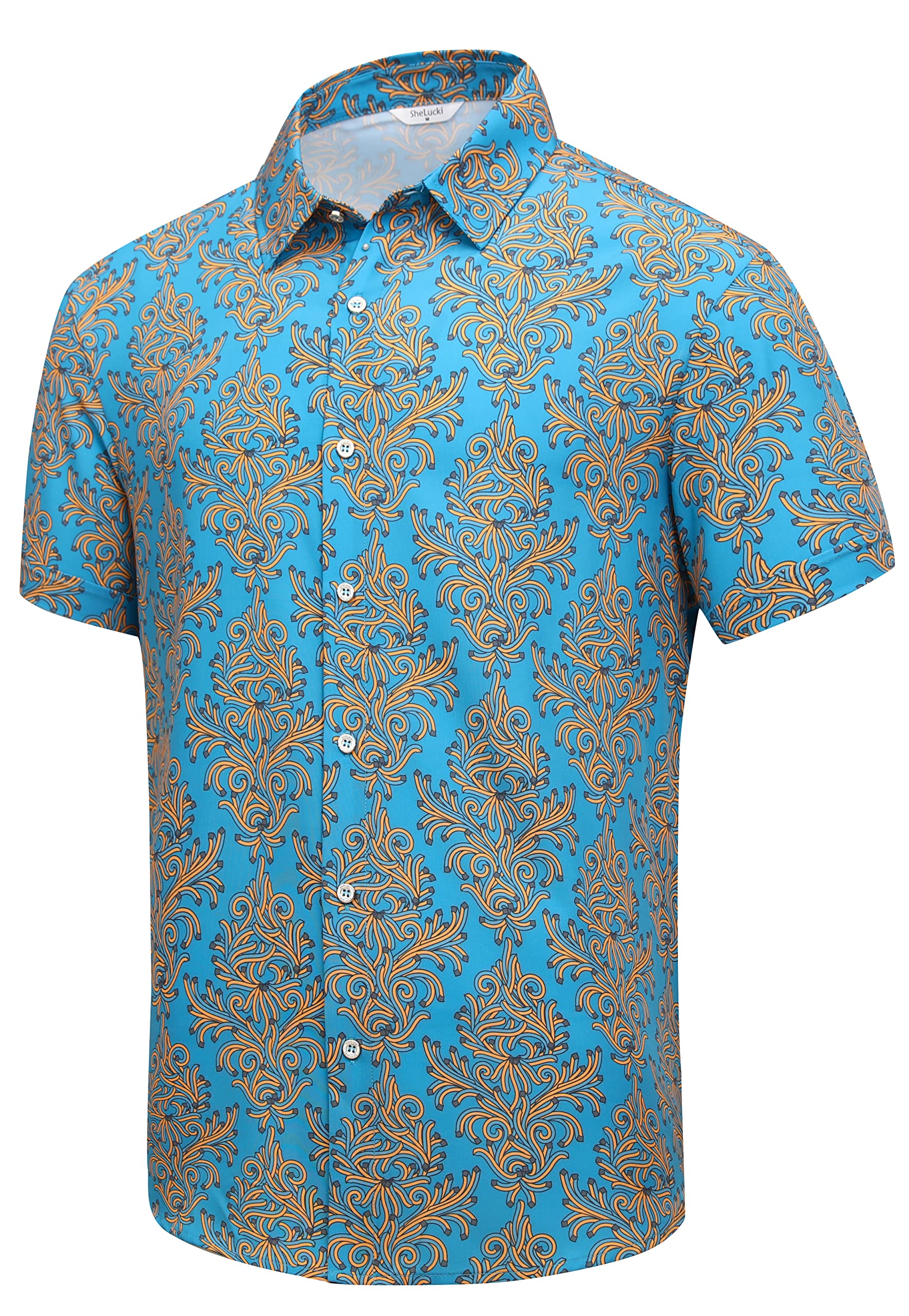 SheLucki Hawaiian Shirt for Men, Unisex Summer Beach Casual Short Sleeve Button Down Shirts, Printed Palmshadow Clothing