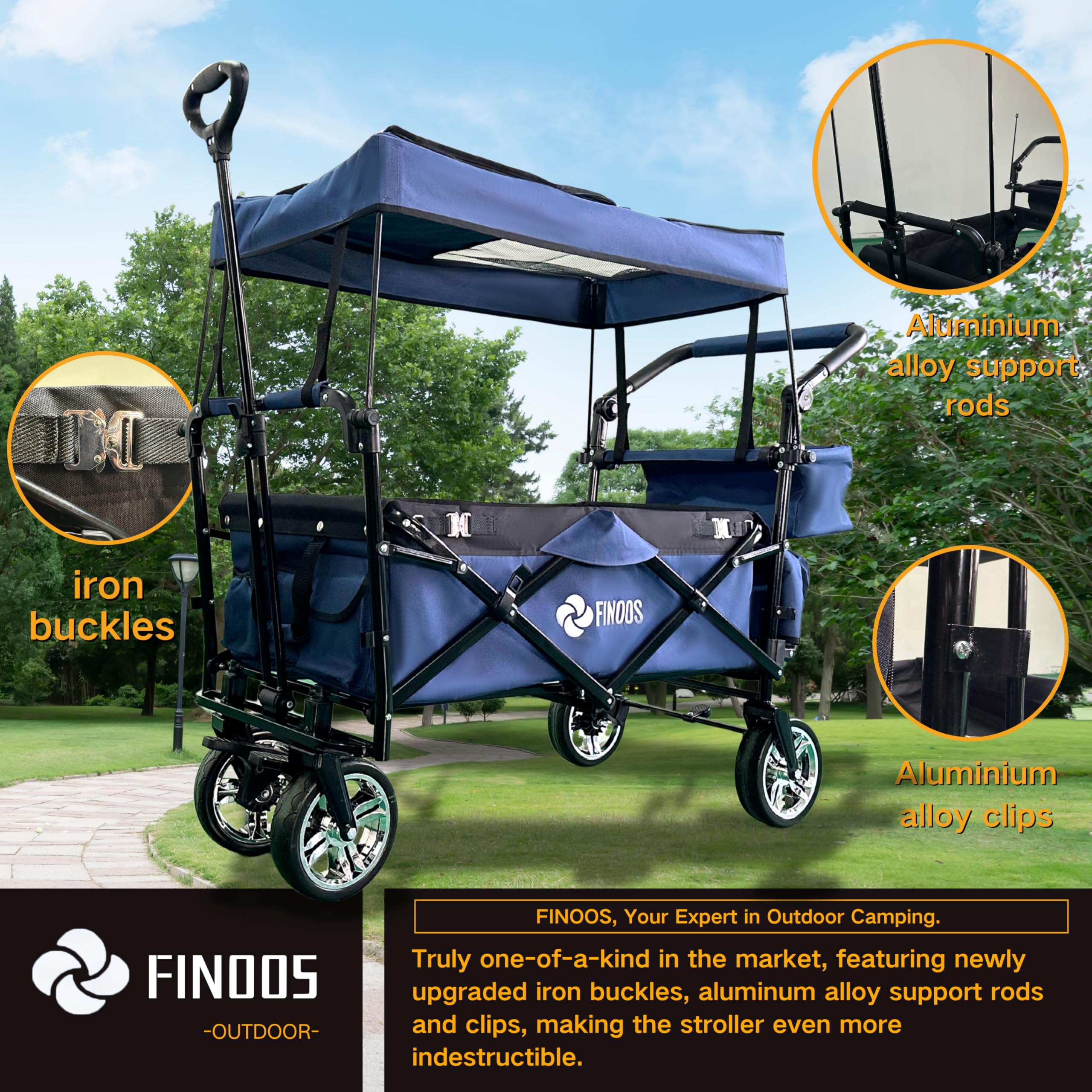 FINOOS Chariot de Transport Pliable avec Toit | Charrette à Bras | Chariot à roulettes | Remorque de Transport | 2 Poches en Mesh et Une Poche extérieure fournies | Pliable (Bleu Marine)