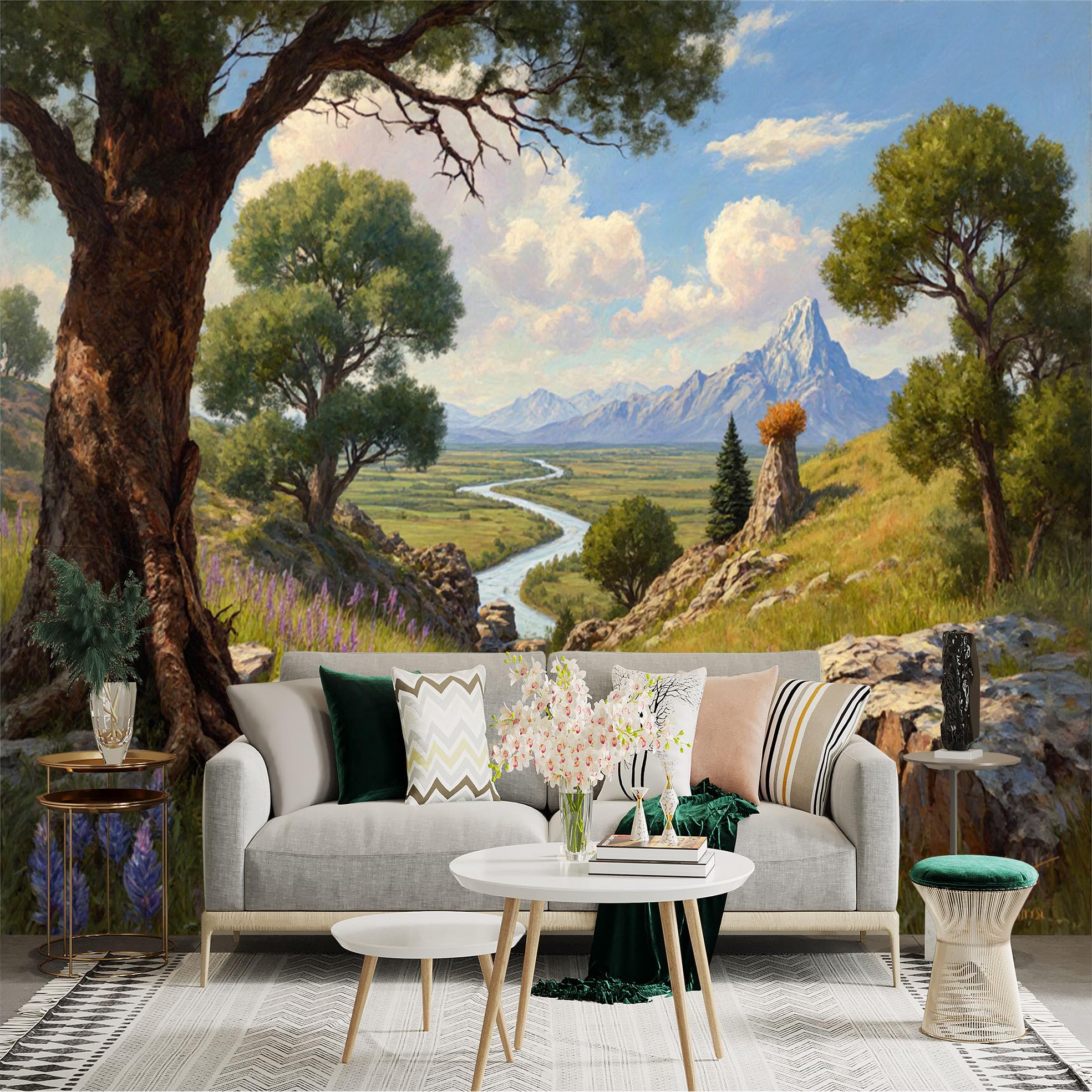 Lnzczhyre Xc260505179 Custom Size Wall Sticker Mural， Scenic River Valley Landscape， Majestic Mountain View， Lush Meadow And Wildflowers， For Wall Decoration， Peelandstick Wall Decals.