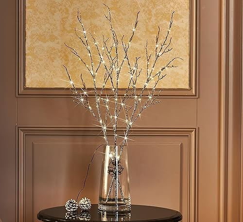 Miniatura 7 de Fudios Ramas de sauce iluminadas con purpurina de Navidad, funciona con pilas, 32 pulgadas, 120 luces LED, luces de ramas marrones para decoración