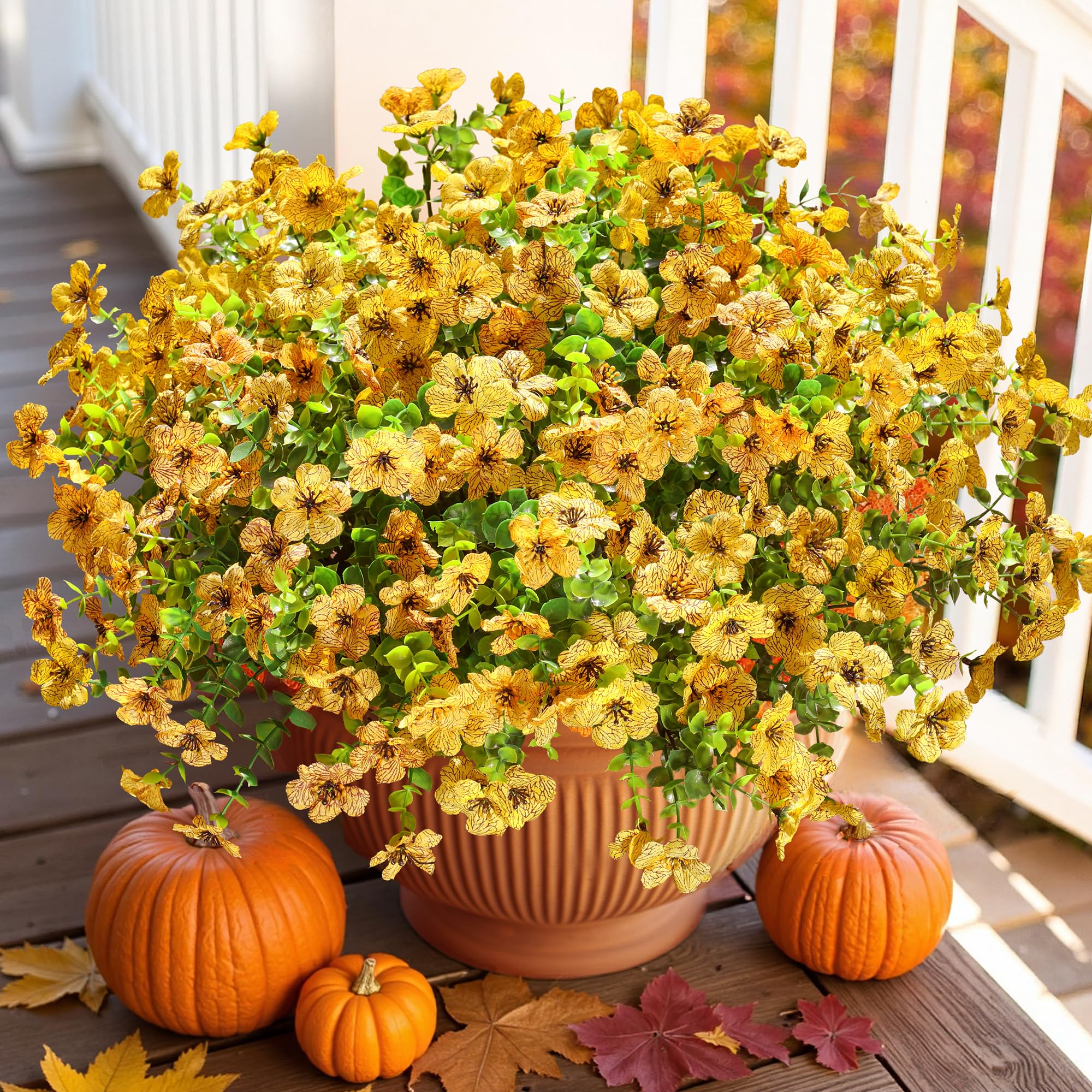 HyeFlora Artificial Fall Flowers Faux Mums for Outdoor Indoor Garden Home Decoration, Faux Flower Daisy with Eucalyptus Leaves Fake Plants Greenery Boxwood Porch Patio, 12 Bundles (Yellow)