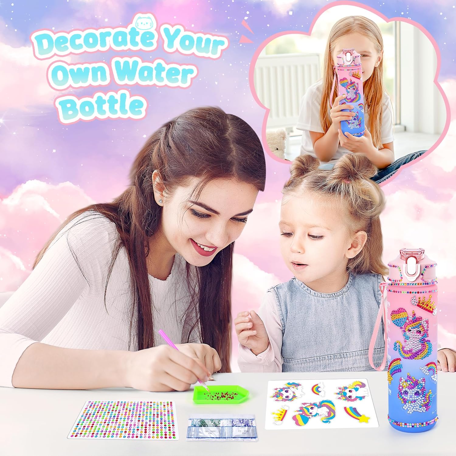 13PCS Unicorn Cat Toys Gifts for Girls 4-6 7 8 9 10 Years Old, Girls Birthday Gifts Set with Light Up Star Pillow DIY Water Bottle Kits, for Daughter Niece Christmas Birthday Baskets for Kids