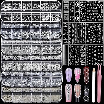 Teentior Nail Charms and Gems Silver Rhinestones for Nails with 15 Sheets Nail Stickers, 6 Boxes Nail Gems Y2K Accessories Pearls for Nails, Cross Nail Charms for Nails Design Caviar Beads for Nails