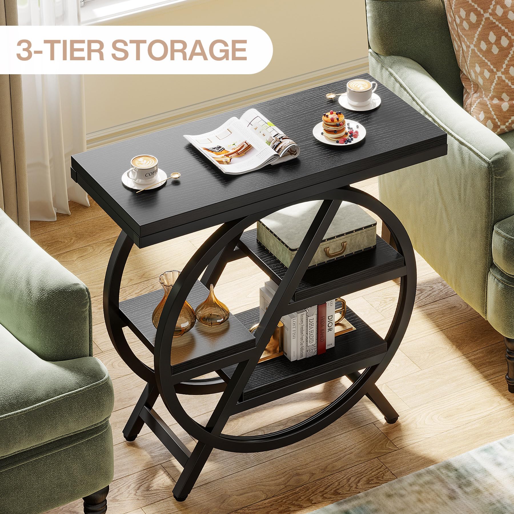 Tribesigns End Table for Living Room, 3-Tier Narrow Side Table with Storage, Wood Sofa Side Table with Geometric Metal Frame, Industrial Nightstand and Bedside Table for Bedroom, Black