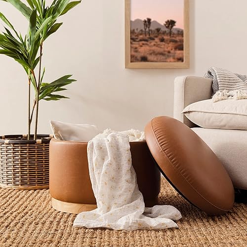 Miniatura 29 de Babyletto Naka - Otomana de almacenamiento en tejido ecológico color crema de alto rendimiento, con base de madera clara, repelente al agua y Crema