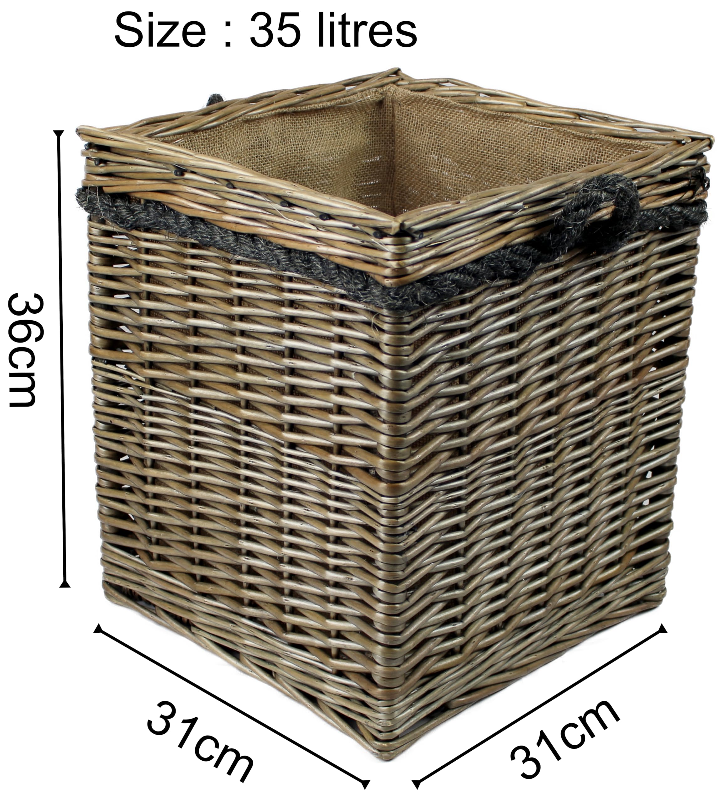 Grande cesto per legna in vimini grigio anticato, manici in corda, contenitore per legna e legna per camino, o scarpe, giocattoli, biancheria (35 litri, quadrato)