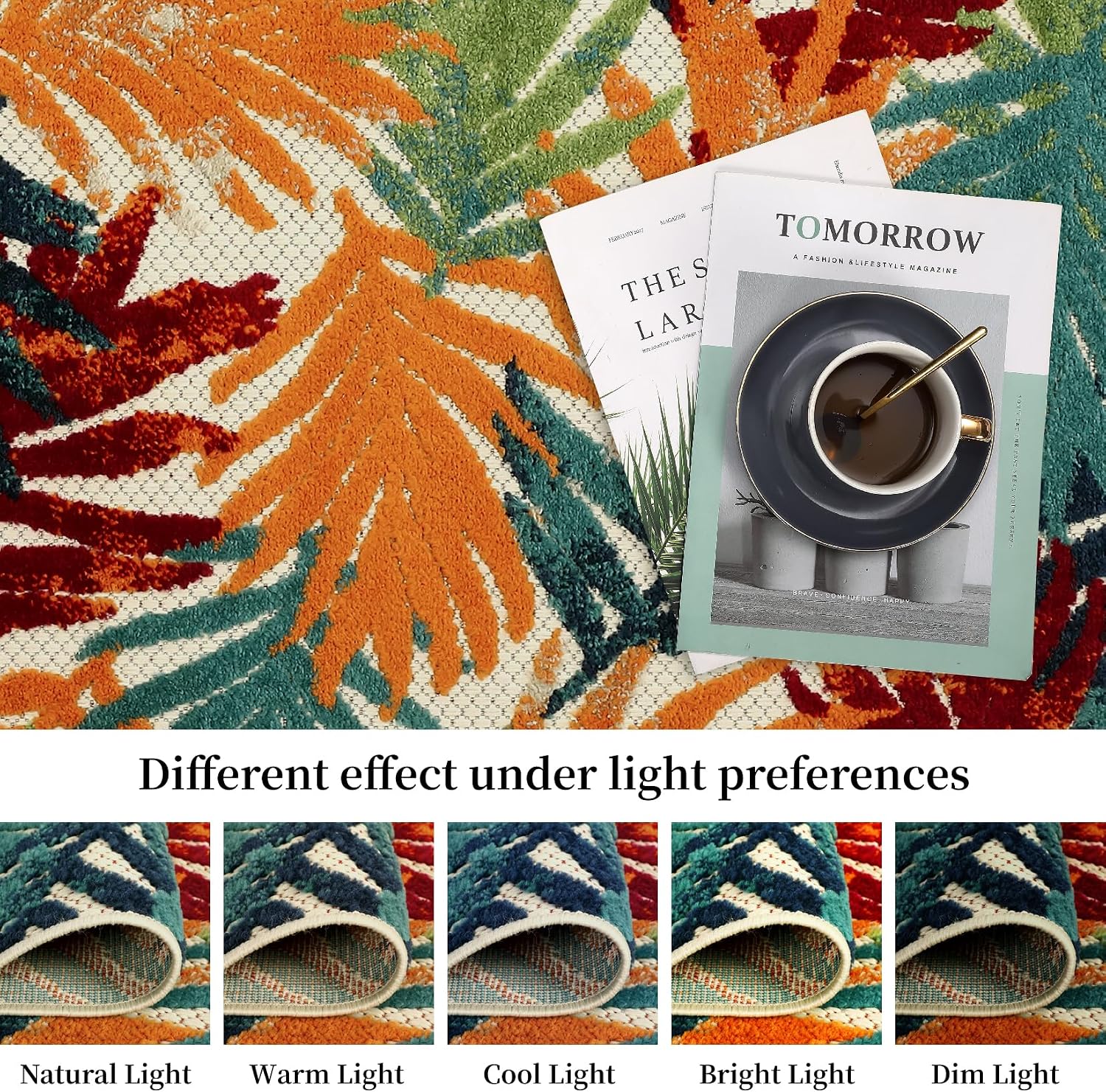 GarveeHome Area Rug 4' x 5'3" Tropical Botanical Indoor Outdoor Area Rug Multi Color Leaf Rug Low Pile Non-Shedding Easy Care Floor Carpet for Living Room Bedroom Dining Room Backyard Patio Deck Multi