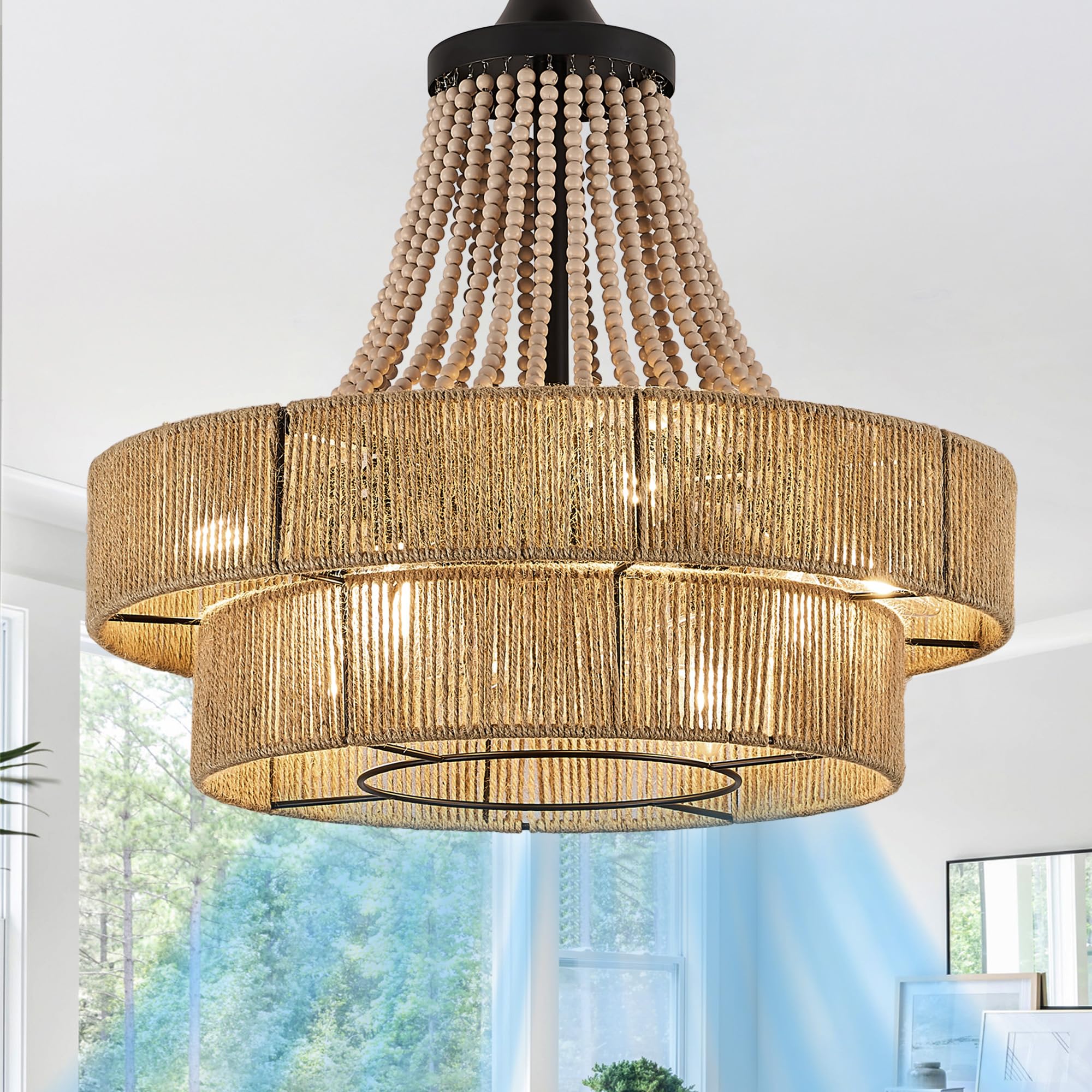 HEMLDAN 20” Twine Caged Ceiling Fan Double Layer Coastal Boho Ratten Chandelier Fandelier for Dining Table, Bedroom, Living Room, Wood Beaded