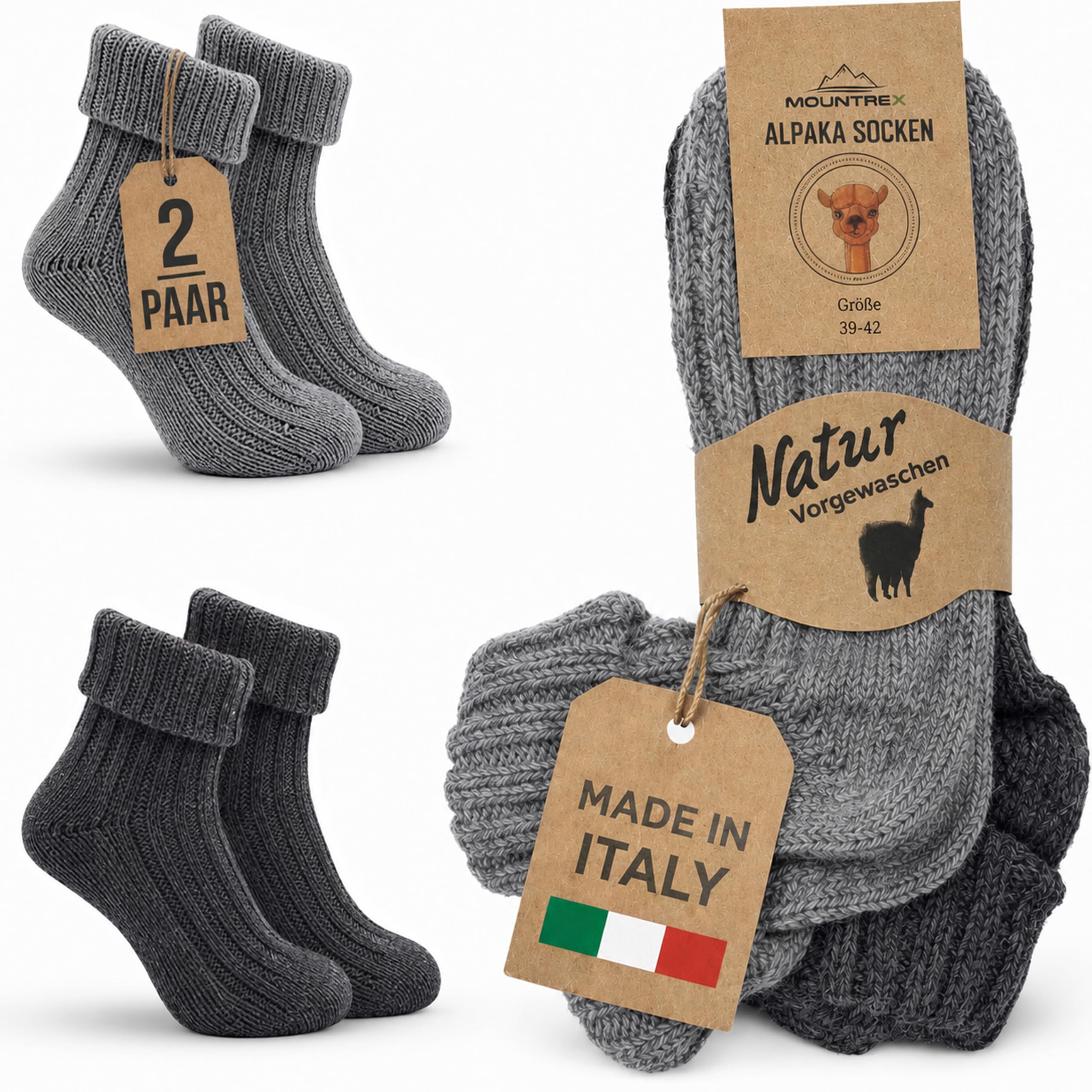 MOUNTREX® Alpaka Socken, Wollsocken für Damen und Herren - Wintersocken, Warme Haussocken, Thermosocken - Dick - 2 Paar