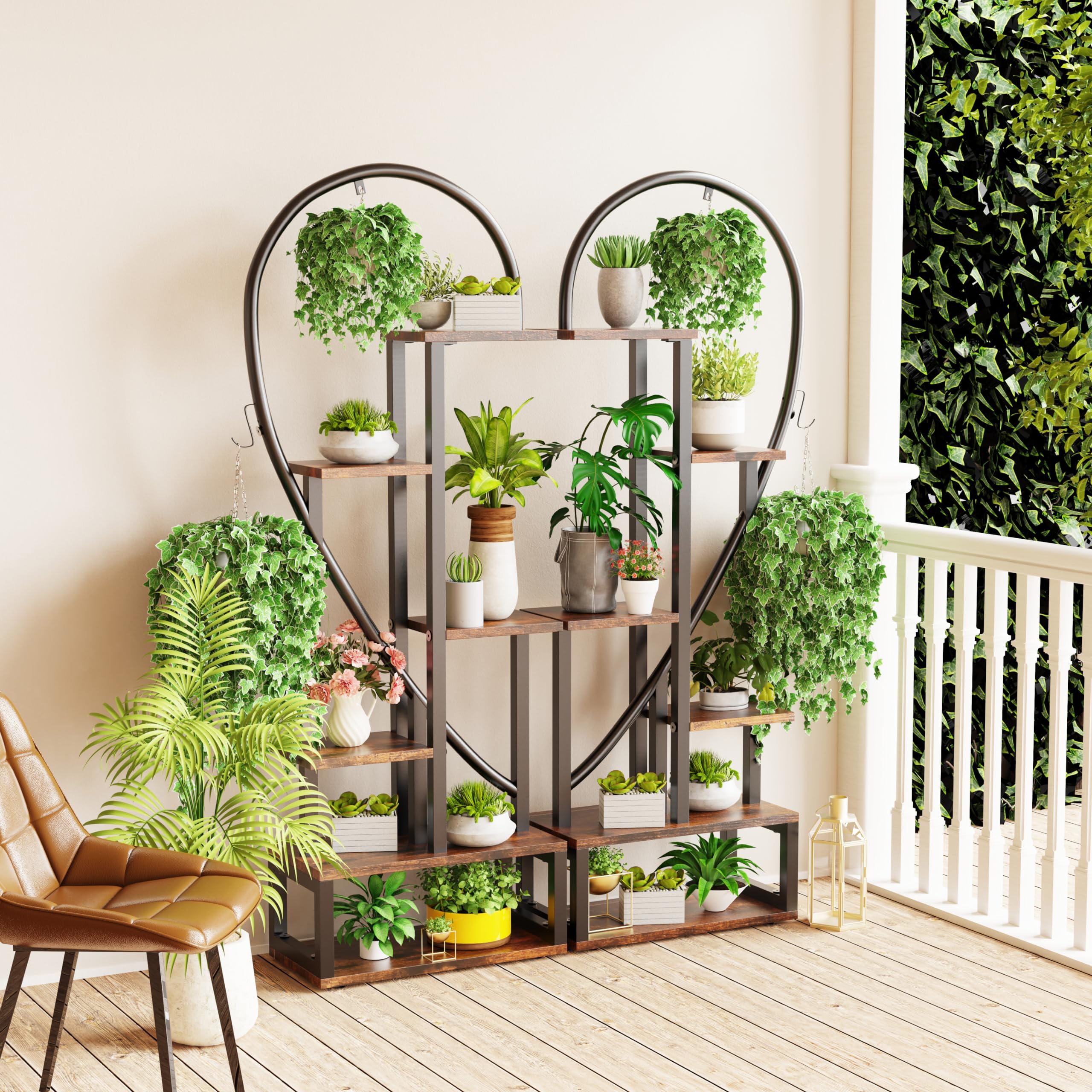 unho Blumenständer mit 6 Ebenen/4 Haken, 2 Stück Pflanzenregal Halbherzform, 165cm Hoch Pflanzenständer Blumenregal für Indoor Balkon Boden Wohzimmer