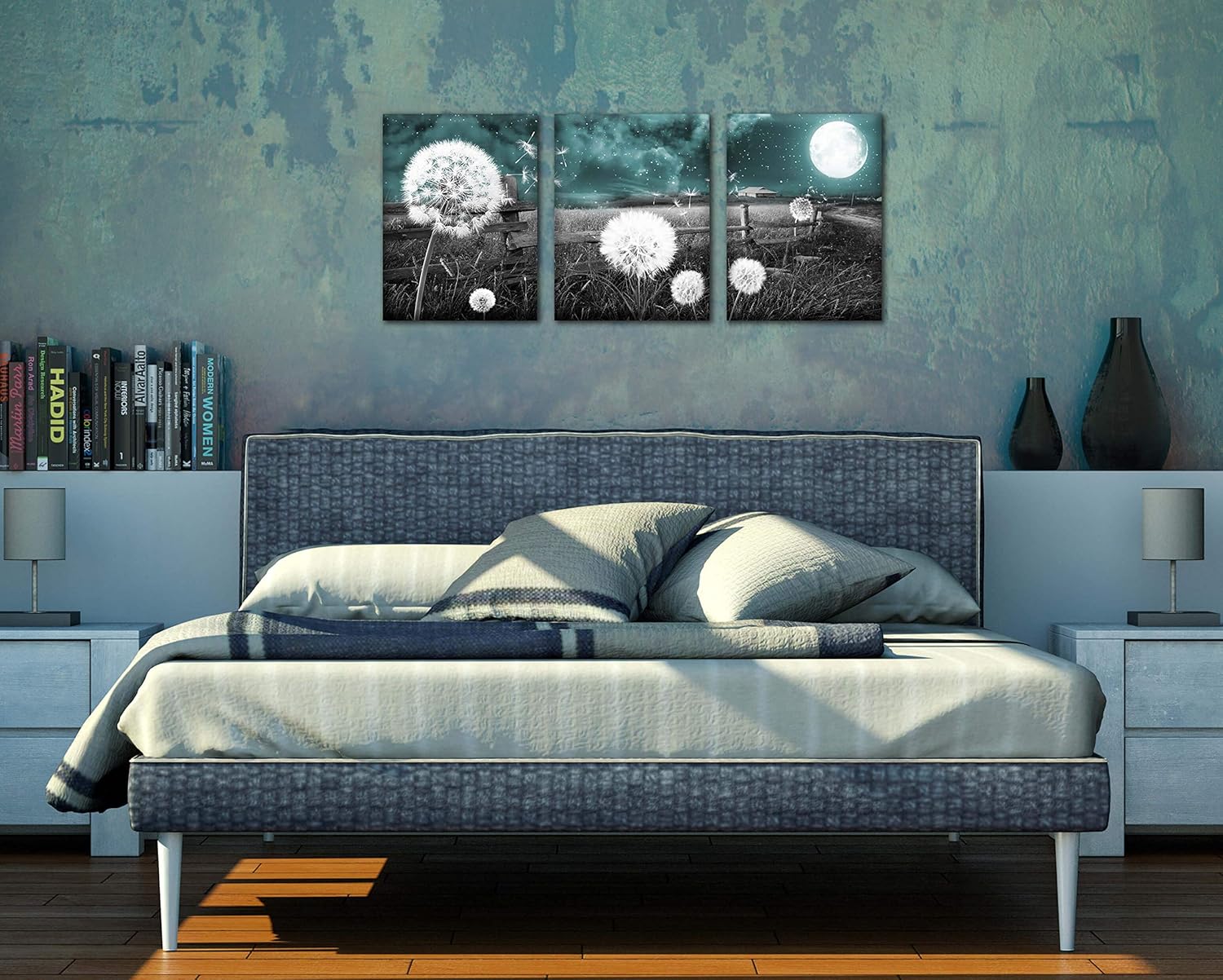 Dandelion Wall-Art - Farmhouse Bedroom Decor - Bathroom Decorations Teal Artwork for Wall Moon Wall Art Oil Paintings On Canvas Framed Size 12x16 Inches x3 Pieces
