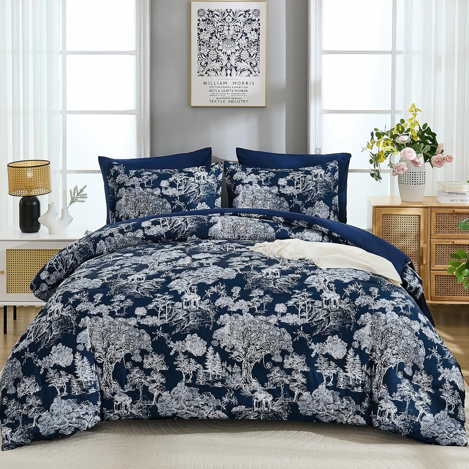 DJY Queen Size Comforter Sets, 7 Pieces Bed in a Bag Queen Navy Blue Botanical Comforter Set with Sheets, White Elegant Plants Print Soft Microfiber Reversible Complete Bedding Sets for All Season