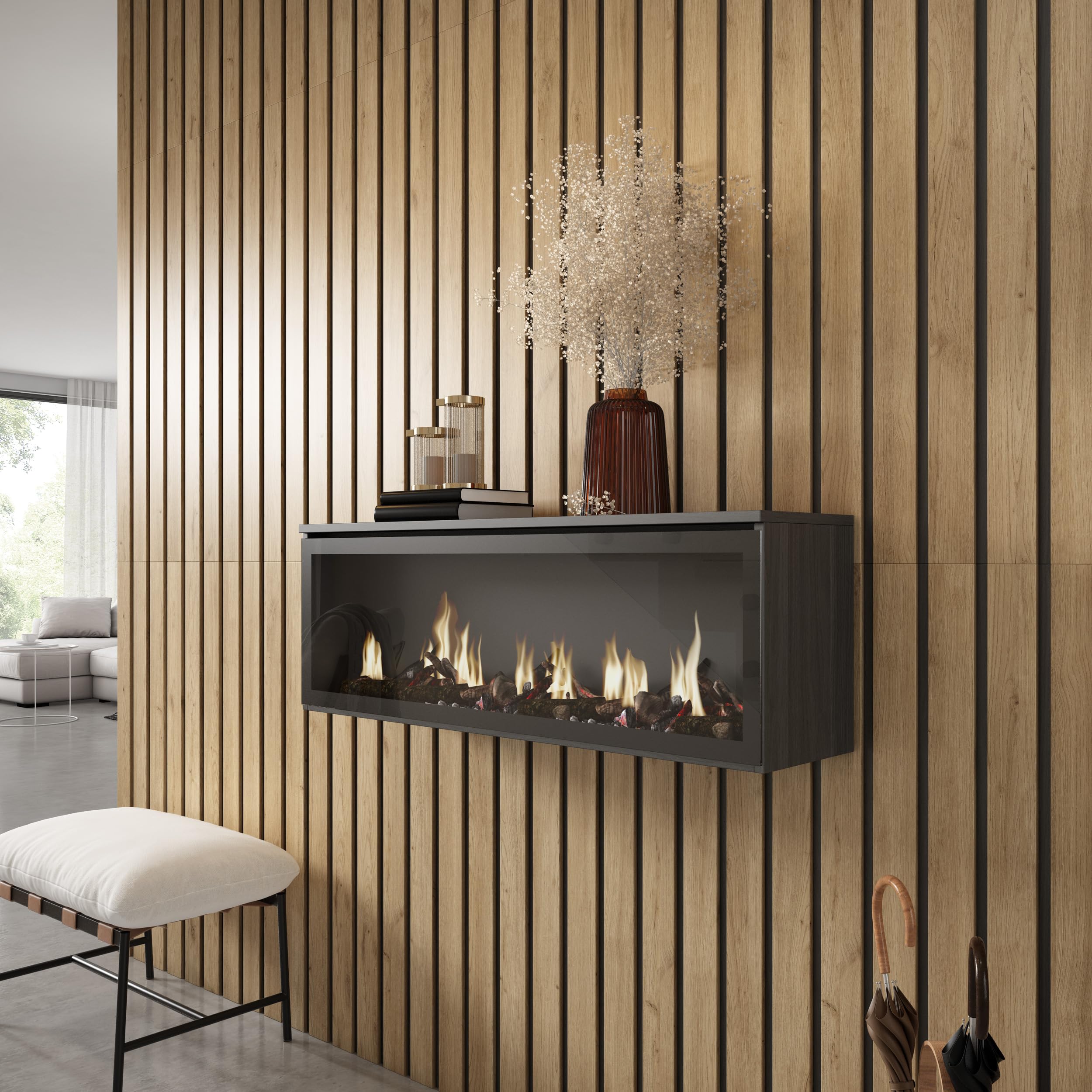 SKRAUT HOME | Cheminée électrique LED | Effet Flamme | 107x38x25cm | Salon - Salle à Manger | Décorative | Style Moderne | Noirs