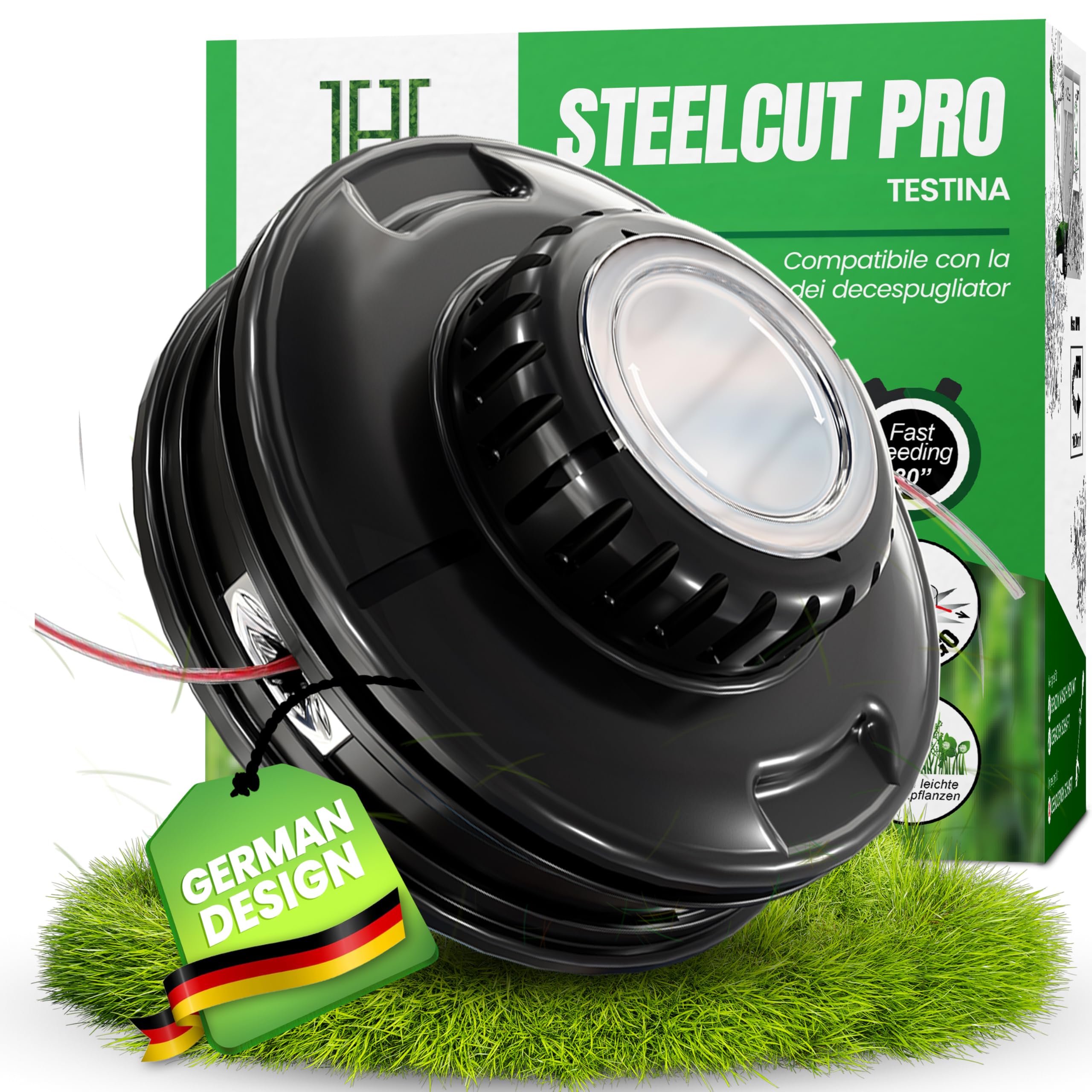 Heckenpracht® Testina falciante per decespugliatore con pomello in acciaio filettatura sinistra | Testina per trimmer con funzione Tap & Go | Taglio efficiente del prato con testina falciante per