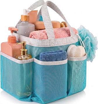 Handy Laundry Mesh Shower Caddy - 7 Pocket Portable Bathroom Organizer Tote for Travel, Gym & Dorm - Collapsible Small Shower Caddy Bag to Hold Toiletries & Essentials Blue
