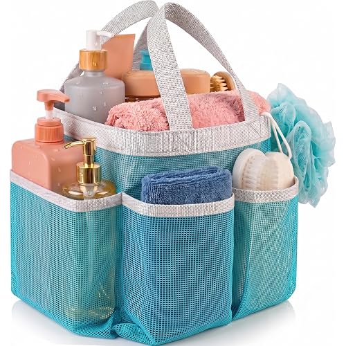 Handy Laundry Mesh Shower Caddy - 7 Pocket Portable Bathroom Organizer Tote for Travel, Gym & Dorm - Collapsible Small Shower Caddy Bag to Hold Toiletries & Essentials (Blue)