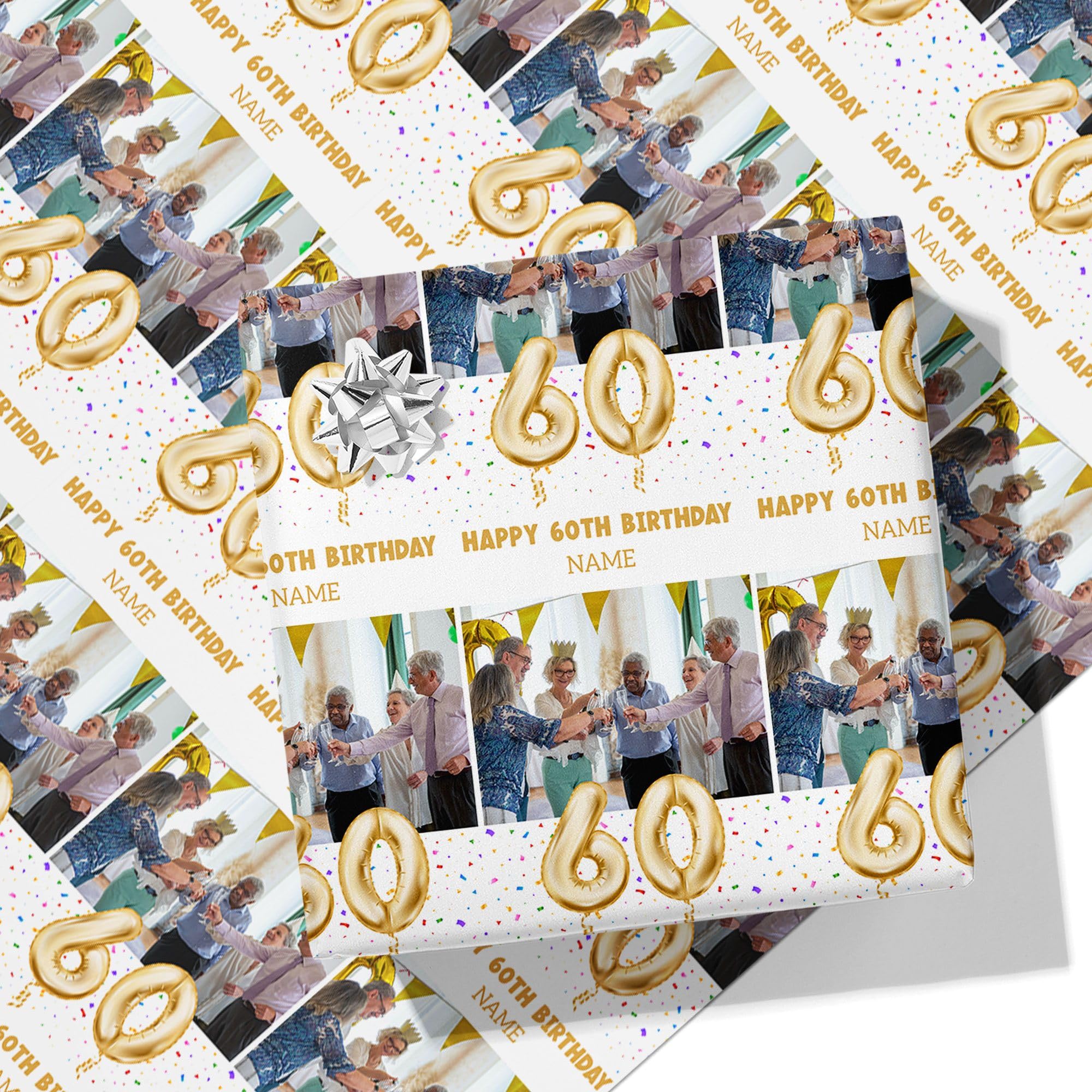 60th Milestone Birthday Balloons Personalised Wrapping Paper - Add Any Name and Photo-60-1.5m Roll - 594mm x 1500mm