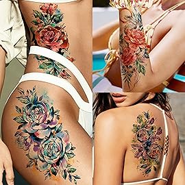 COKTAK 67 Sheets Watercolor Rose Flower Temporary Tattoos For Women Girls, 12 Sheets Colorful Arm Sleeve Tattoos For Adults Floral Snake Tiger, 53 Sheets Groovy Small Semi Permanent Fake Tattoos Kids