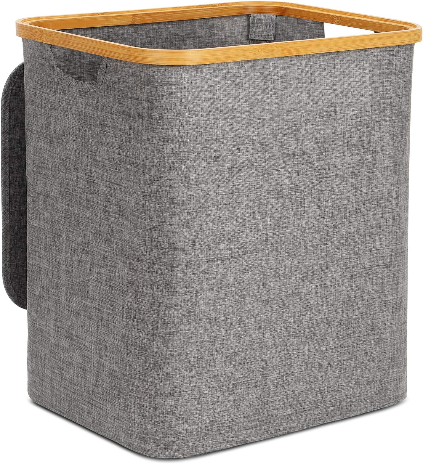 Laundry Basket, Collapsible Linen Laundry Hamper with Lid, Grey Large Laundry Baskets, Cloth Hampers for Laundry, Washing Basket with Bamboo Handles for Bathroom Bedroom (13x15.9x17.7 inch)