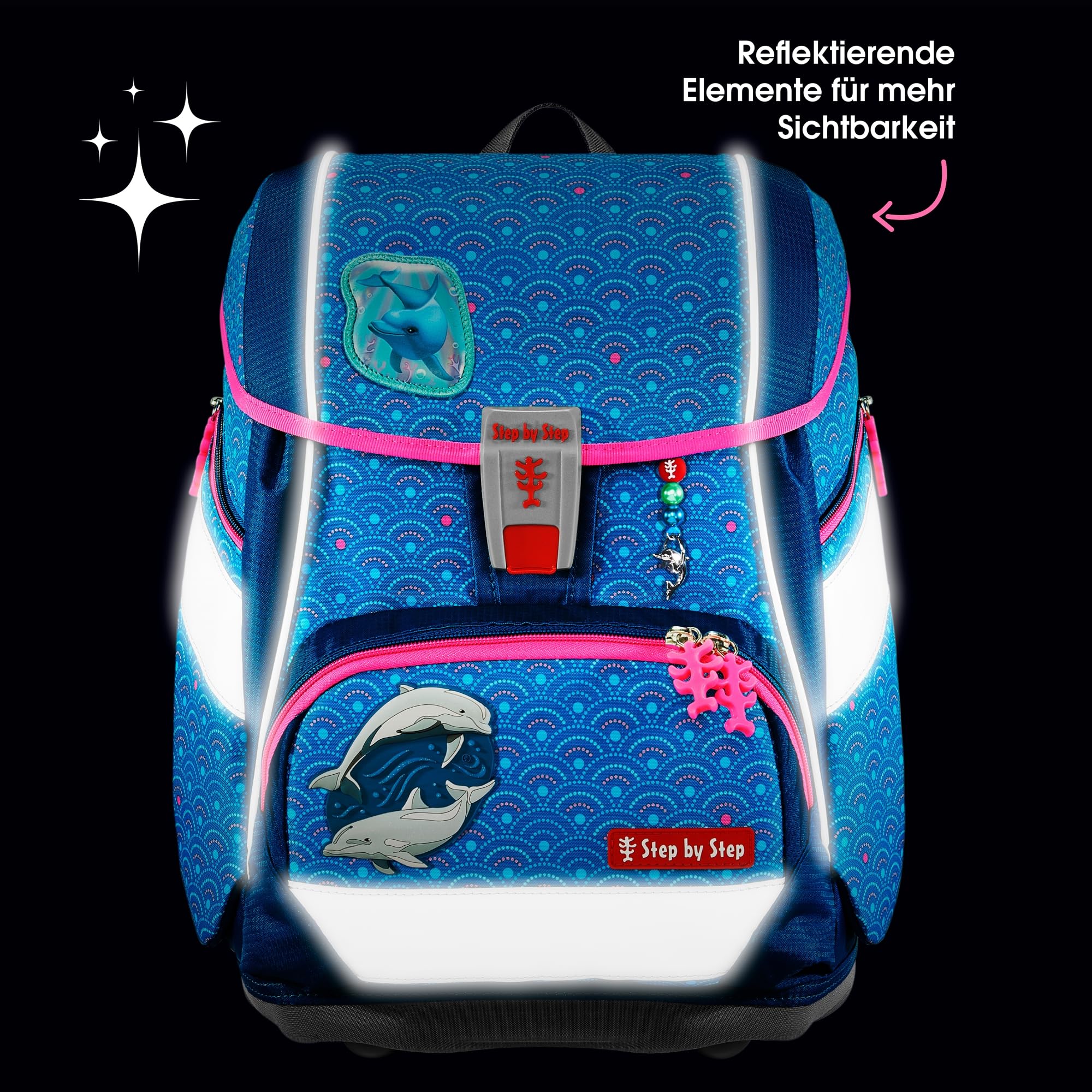 Step by Step Juego de mochila escolar 2 en 1 Plus, 6 piezas, macuto ergonómico con reflectores, altura regulable con cinturón de cadera, a partir de la primera clase, 19 l, Dolphin Pippa -